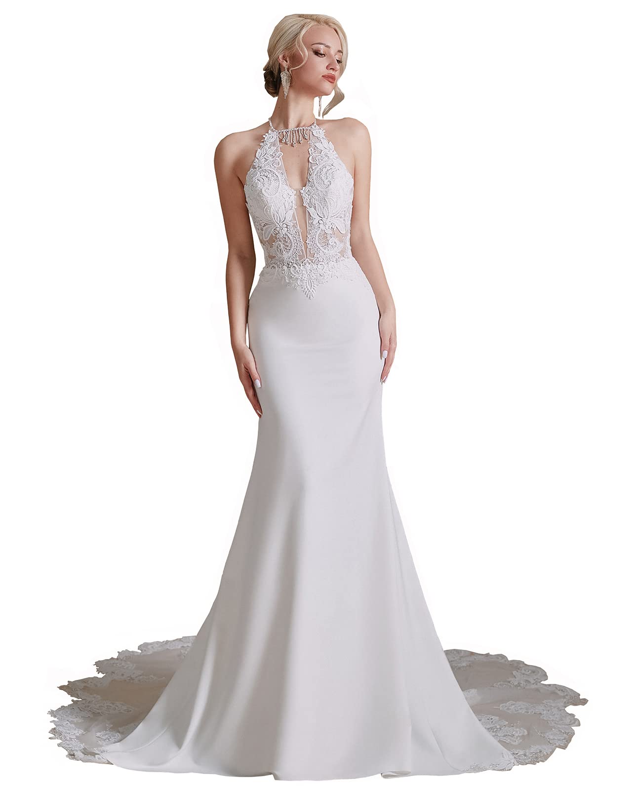 Elegant Halter Lace Applique Mermaid Wedding Dress for Bride - Beach, Party & Formal Occasions | Perfect for Beach Weddings, Evening Galas & Special Events
