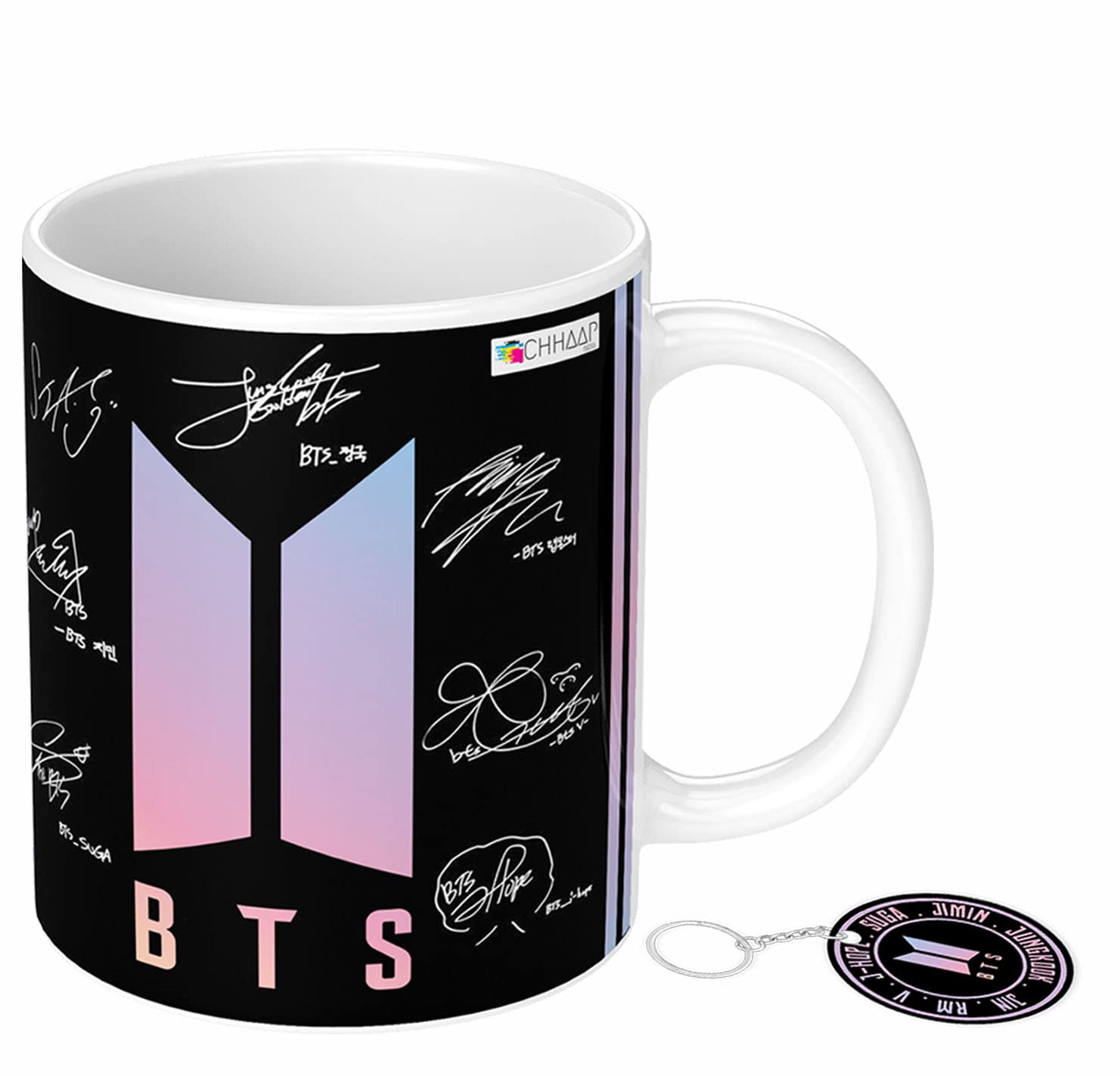 BTS Printed Coffee Mug with Logo Keychain - 350ml Ceramic Tea Cup for BTS Army Fans - Birthday Gift for Girls, Boys, Friends - Featuring BTS Members Suga, J-Hope, Jungkook, Jin, Jimin, RM - Perfect for K-Pop Fans, Office Use, Home Decor & BTS Merch Collectors