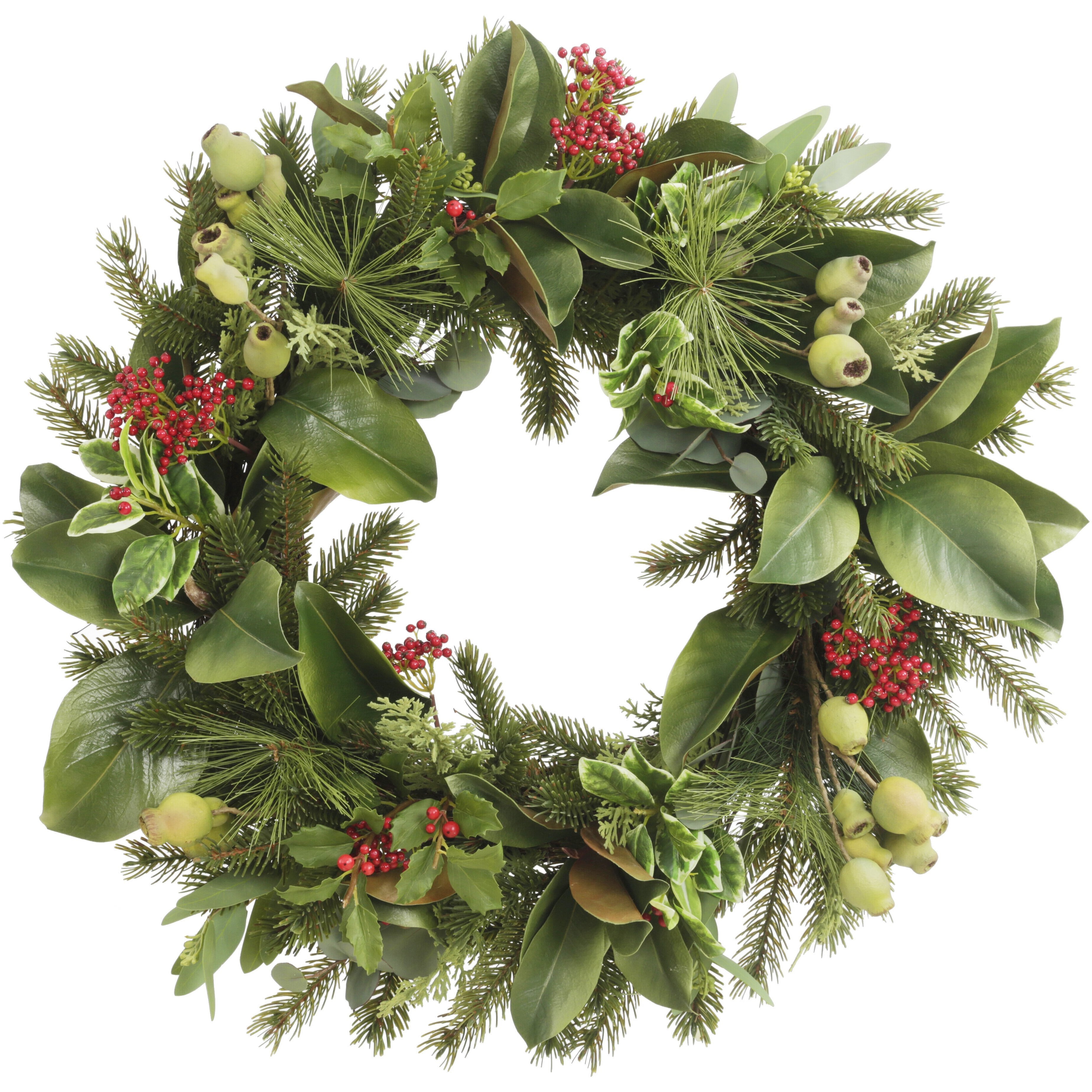 Festive Christmas Pine and Holly Wreath - Elegant Holiday Door Decor for Winter Season, Perfect for Home, Office & Front Porch Decoration