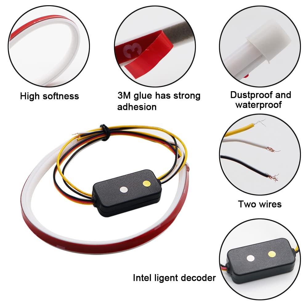 YSY 2Pcs 60cm/24 Inch LED Headlight Strip Tube Light - Flexible Dual Color White & Amber Yellow DRL, Waterproof Daytime Running Light & Turn Signal Bulb for Cars, Trucks, SUVs - Perfect for Night Driving & Enhanced Visibility