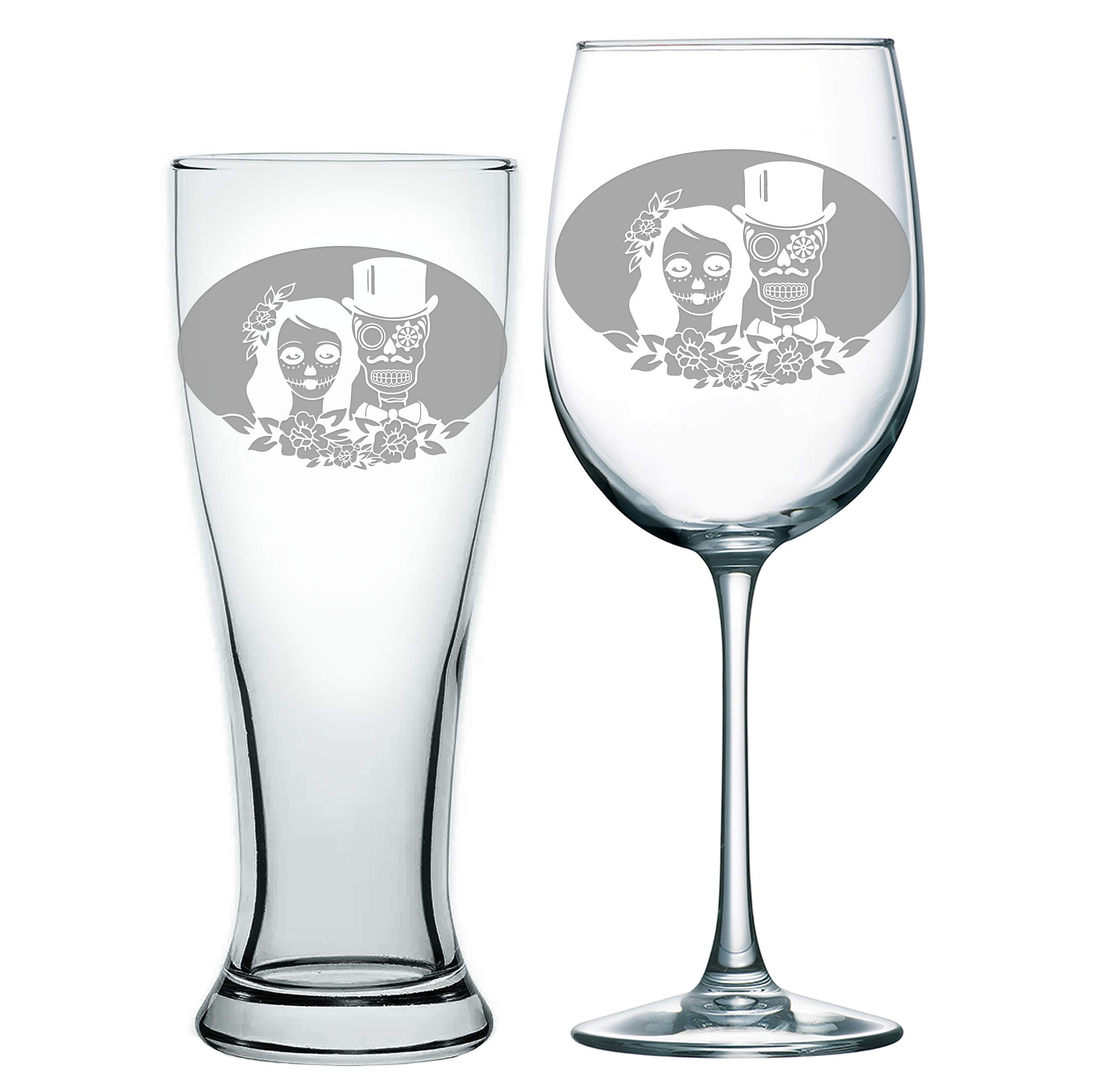 Alterd Industries Skull Gifts - Engraved Día De Los Muertos Toasting Glasses for Weddings, Sugar Skull Bride & Groom Cups - Perfect for Halloween Parties, Mexican Celebrations & Unique Gift Giving