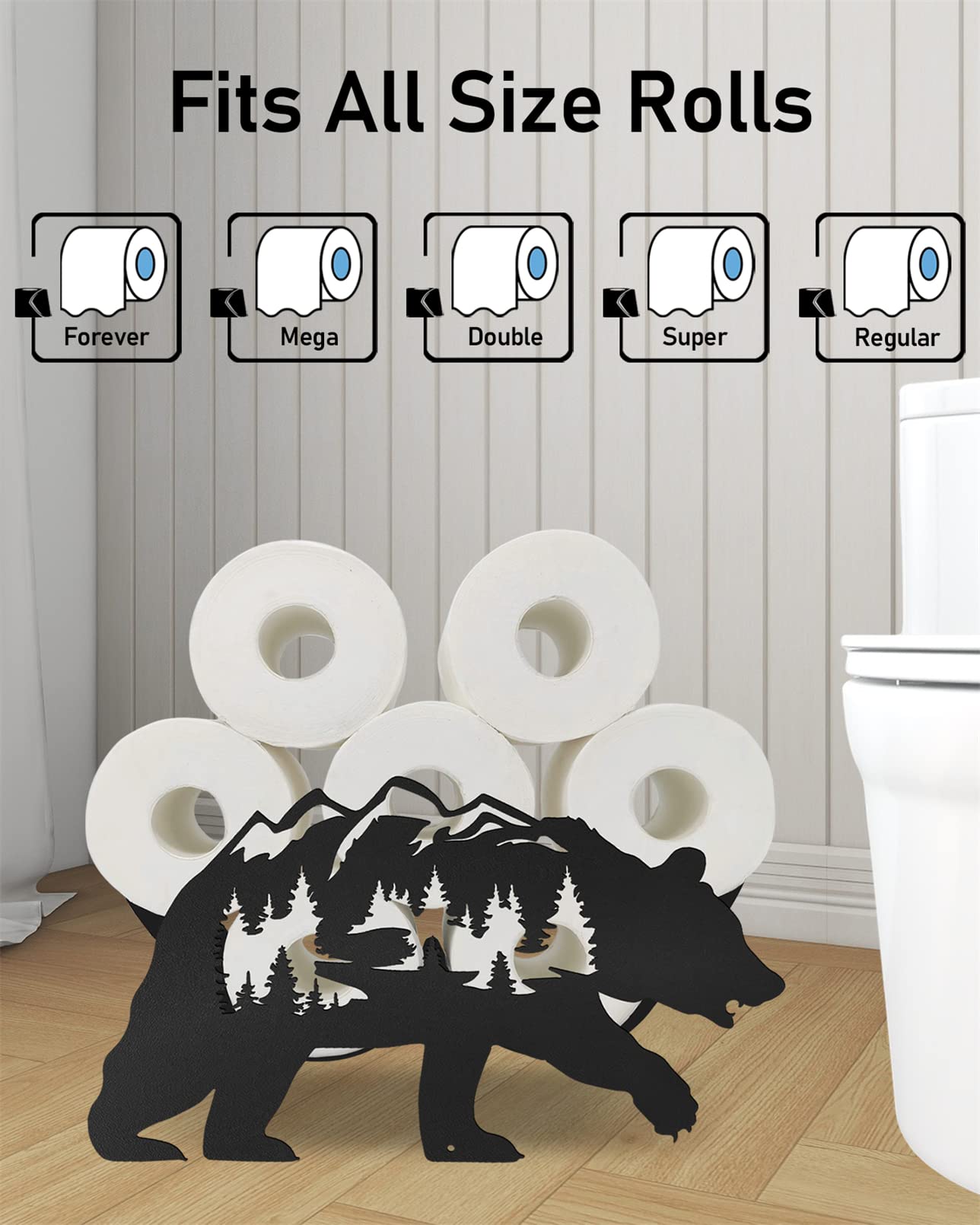 Forest Bear Toilet Paper Holder Stand - Metal Animal-Themed Bathroom Tissue Storage with 8-Roll Capacity, Freestanding Decorative Toilet Paper Basket for Home & Office Bathroom Decor