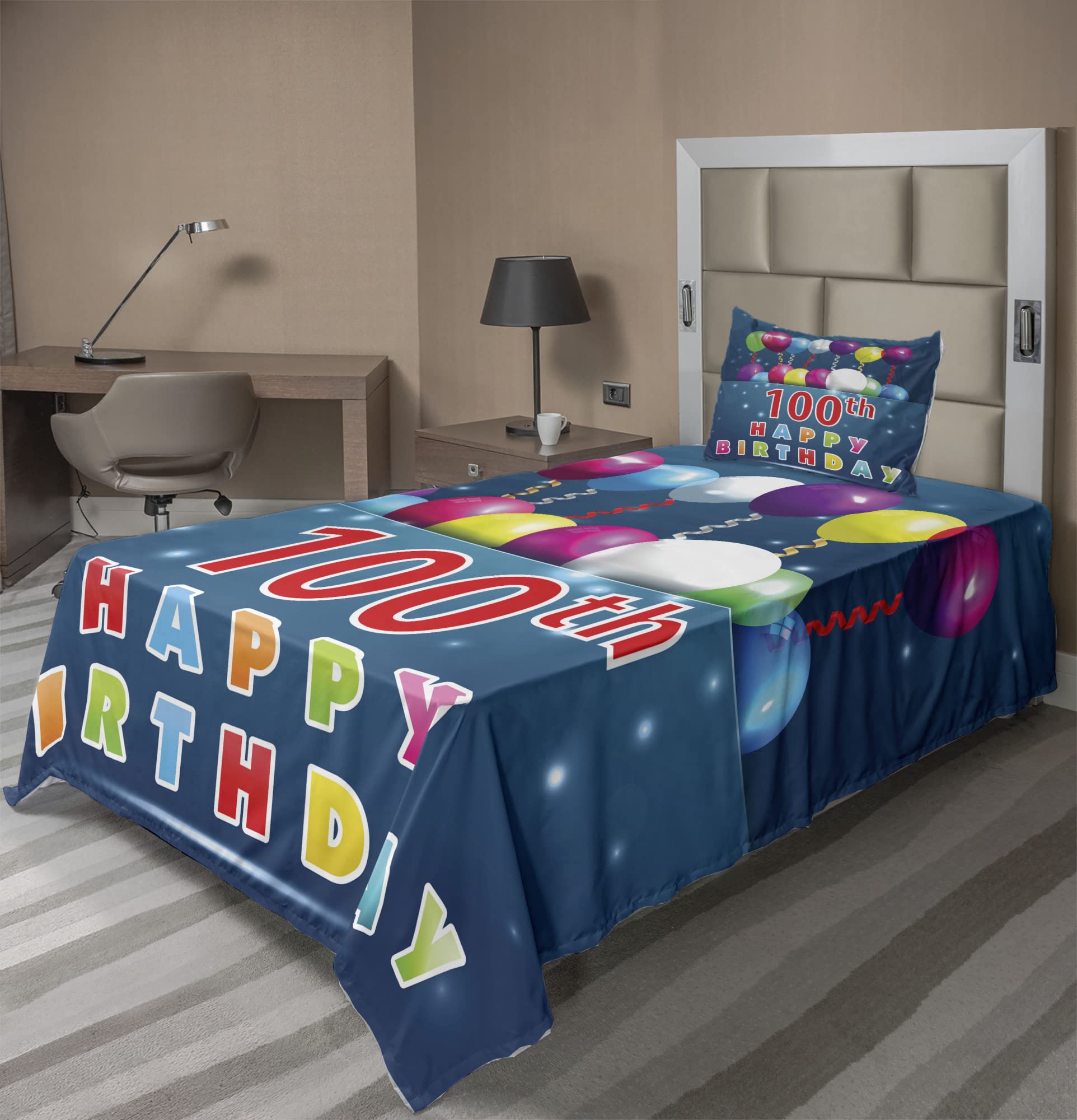 Ambesonne 100th Birthday 3-Piece Sheet Set - Colorful Balloons & Star Dots Design - Twin XL Size - Blue & Navy Blue Bedding - Perfect for Milestone Celebrations & Guest Room Decor
