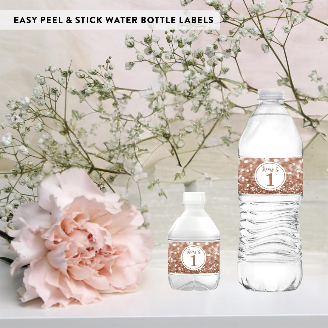 **Glitzy Faux Glitter Rose Gold Water Bottle Labels Stickers – 20-Pack for 1st Birthday, Anniversary & Party Decorations – Perfect for Women’s Birthday Party Favors, Baby Showers & Celebrations**