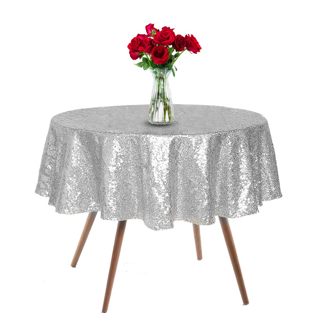Sparkly Silver Sequin Tablecloth 50 Inch Round - Glitter Table Cover for Weddings, Bridal Showers, Birthdays & Prom Decor - Elegant Party Table Overlay for Round Tables - Perfect for Celebrations & Special Events