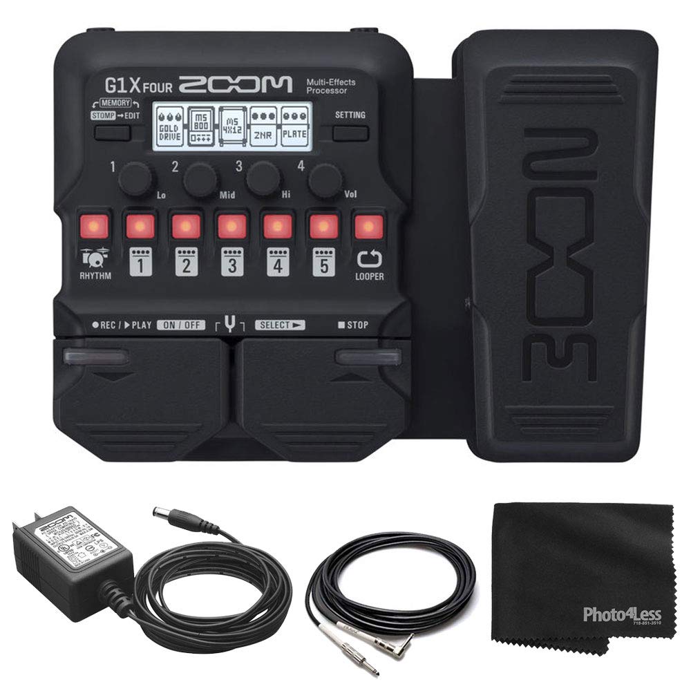 Zoom G1X Four Guitar Effects Processor with Expression Pedal, AD-16 9V Adapter, Right Angle Guitar Cable & Cleaning Cloth - Complete Guitar Pedal Bundle for Live Performances & Studio Recording