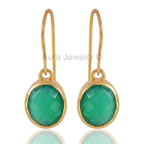 925 Sterling Silver Green Onyx Dangle Earrings for Women - 18K Yellow Gold Plated, Bezel Set Oval Gemstone, Hypoallergenic Minimalist Jewelry | Perfect Mothers Day Gift, Wedding Accessories & Everyday Elegant Wear