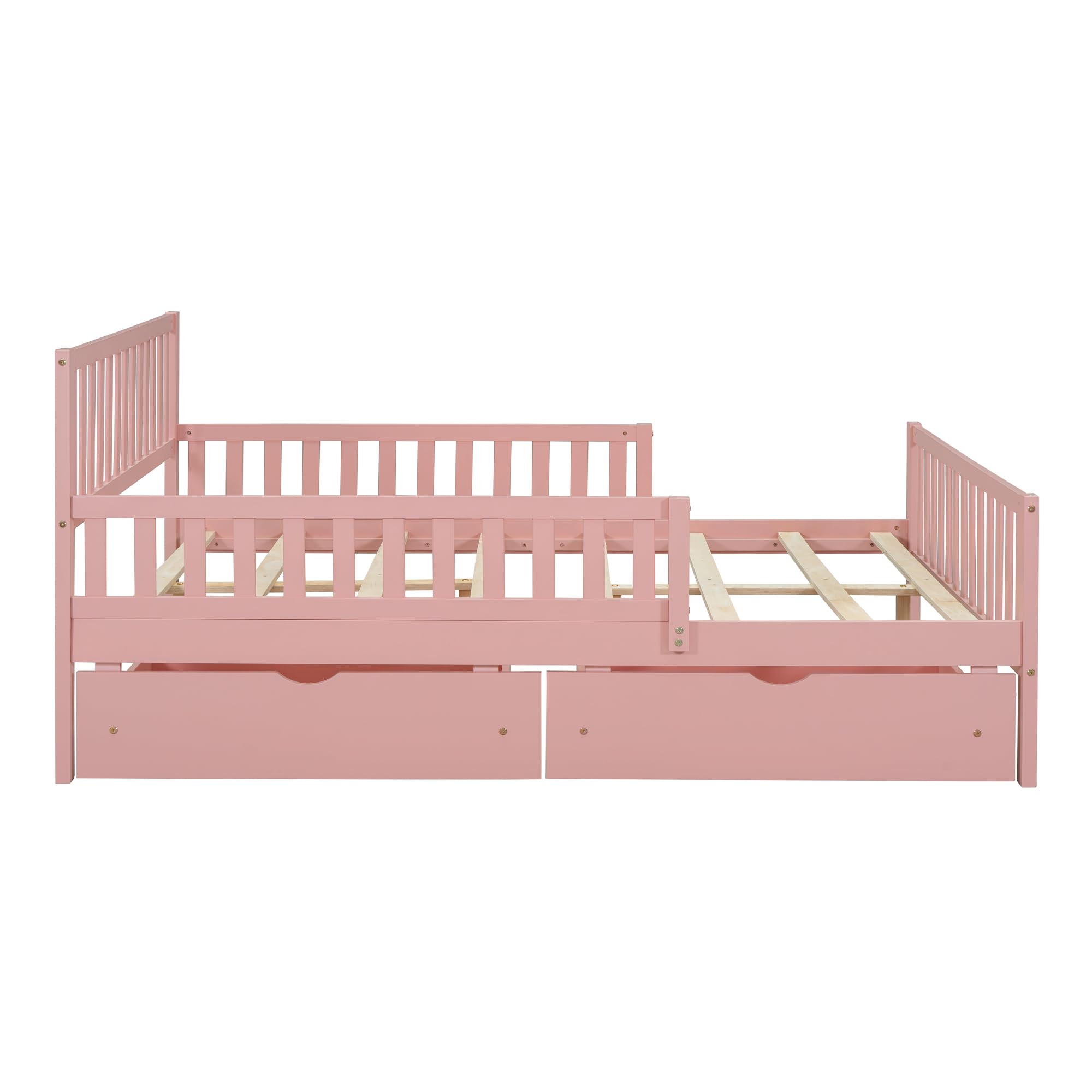Pink Kids Full Bed Frame with Guardrails, Low Platform Bed with Headboard & Footboard, 2 Storage Drawers - Safe Toddler Bed for Boys & Girls - Perfect for Bedrooms, Daycare & Sleepovers
