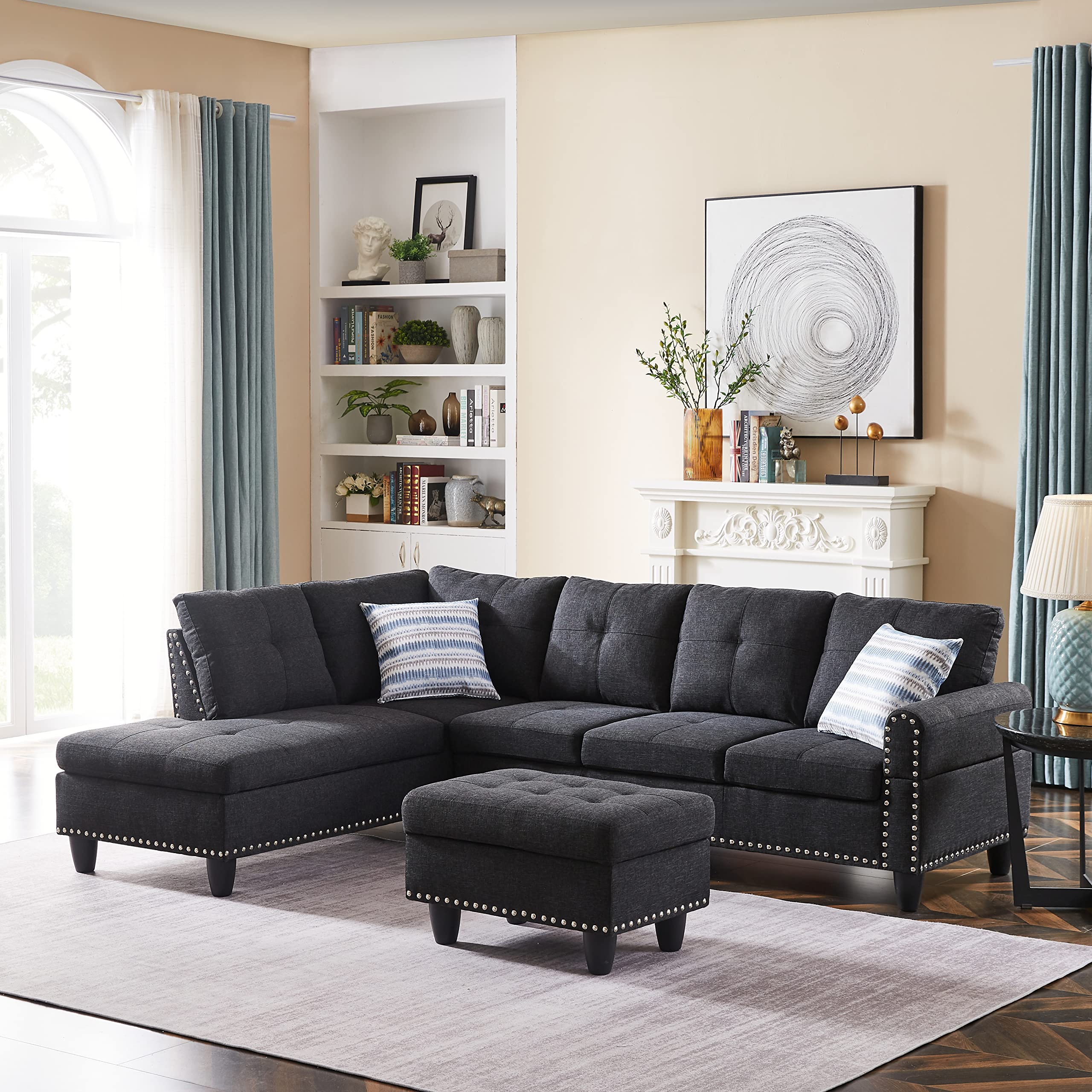 Yoglad 5-Seat Modular Sectional Sofa with Left Chaise & Storage Ottoman - L-Shaped Corner Couch Set in Black Polyester Fabric (97
