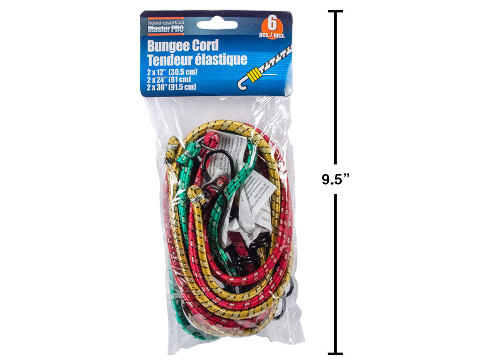 6-Piece Assorted Size Bungee Cords with Hooks - Heavy Duty Elastic Straps for Securing Cargo, Camping Gear & Outdoor Equipment - HOME ESSENTIALS (Model 83400)
