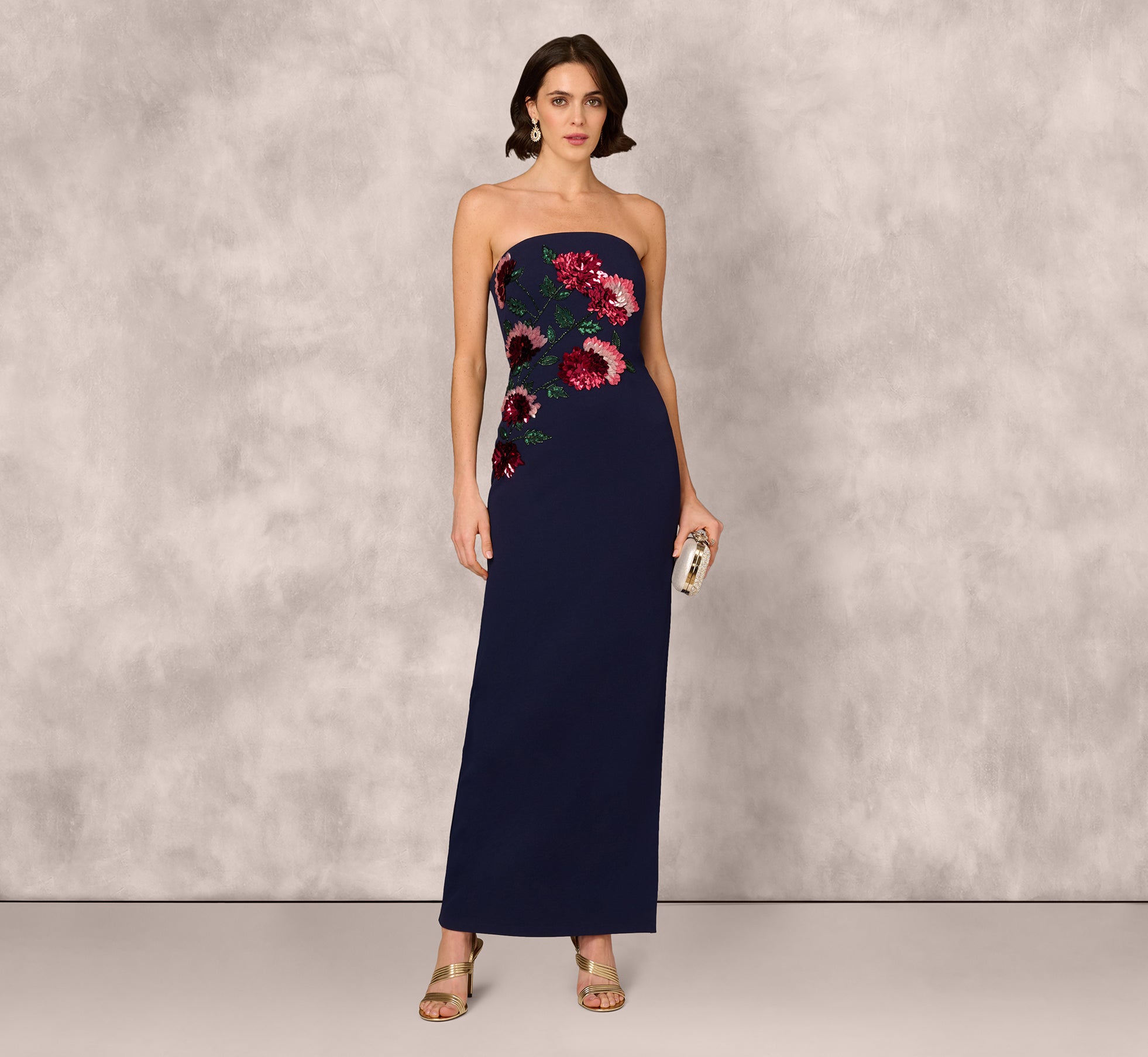 Strapless Navy Blue Floral Sequin Beaded Evening Gown - Elegant Formal Dress for Prom, Wedding & Special Occasions