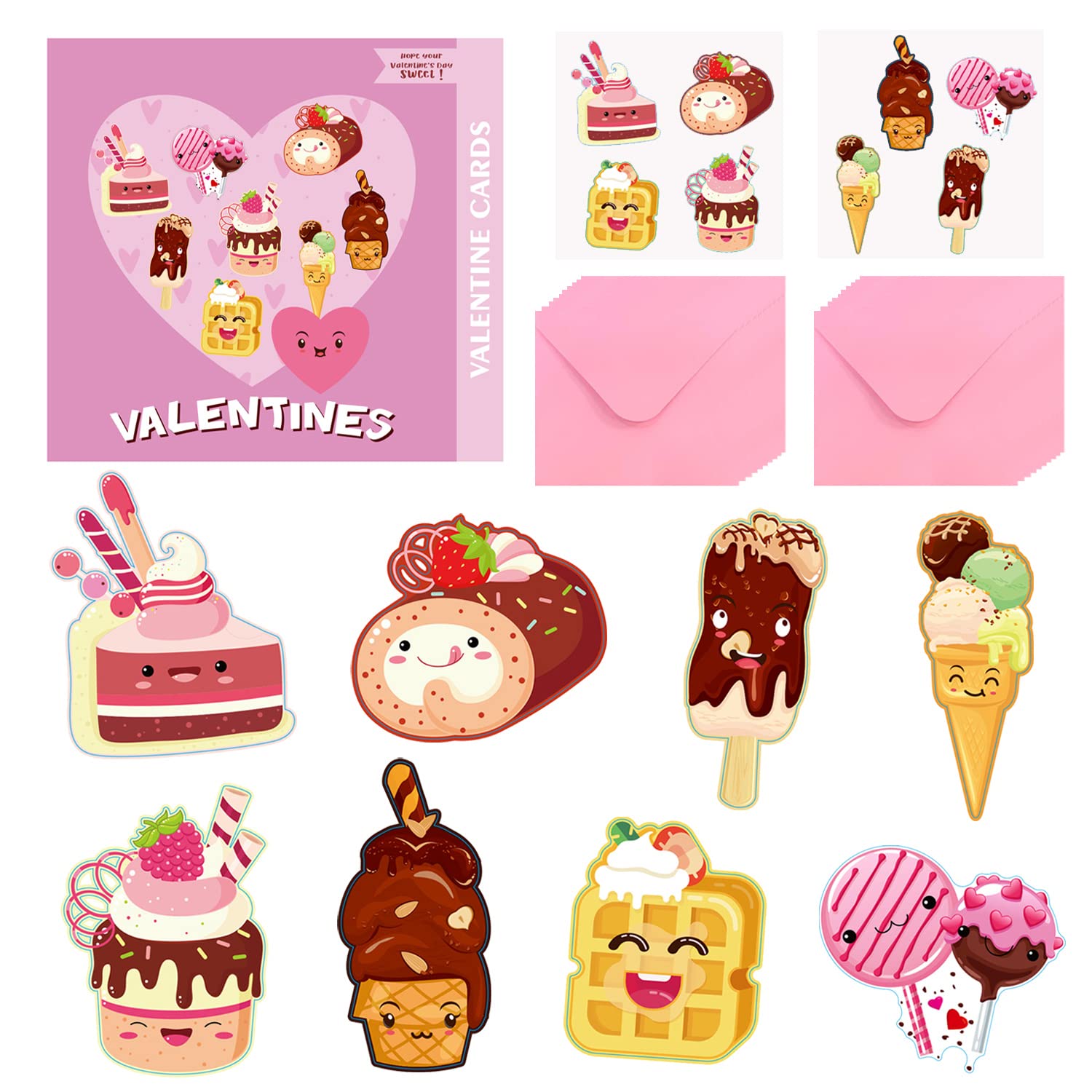 96-Pack Kids Valentine's Day Cards Set - 32 Dessert-Themed Cards, 32 Pink Envelopes & 32 Stickers for School Classroom Exchange Gifts | Perfect for Valentine's Day Parties & Classroom Activities