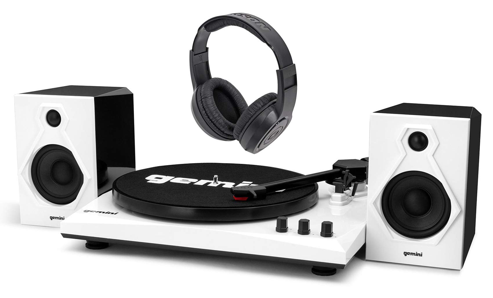 Gemini TT-900 Vinyl Record Player Turntable with Bluetooth & Dual Speakers TT-900BW Bundle, Samson SR350 Over-Ear Closed-Back Studio Headphones – Perfect for Home Listening & Studio Monitoring