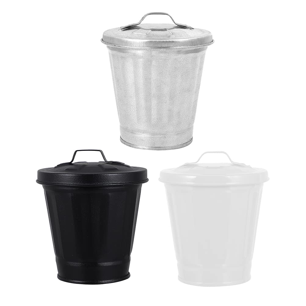 LUOZZY 3-Piece Small Metal Trash Can Set with Lid - Galvanized Mini Wastebasket for Home, Office & Bathroom | 3.5 x 3.7 Inch Desktop Garbage Can | Perfect for Desks, Countertops & as Decorative Flower Pots