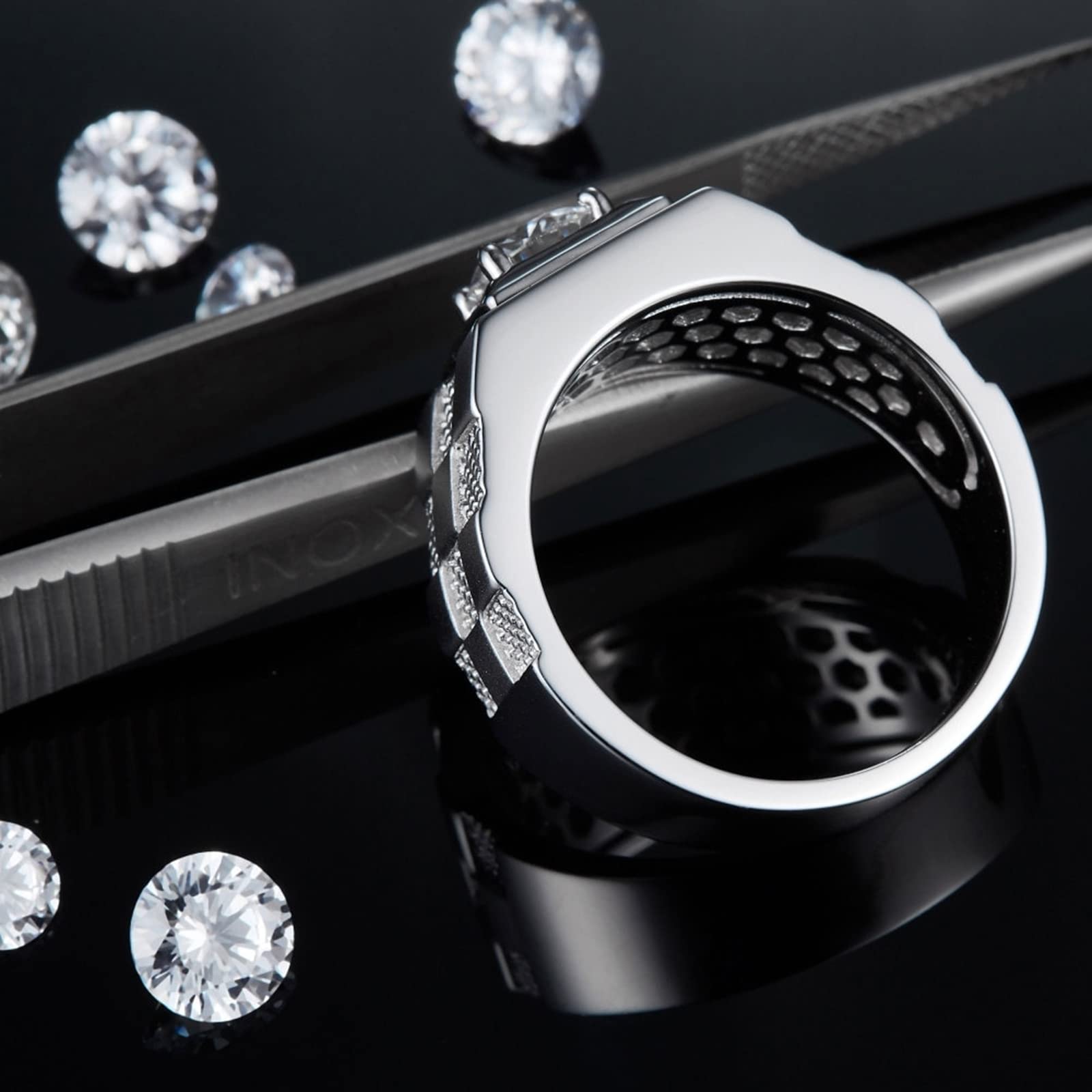 Men's Promise Rings Sterling Silver - White Gold Grid Wide Band with Zirconia - Wedding, Engagement & Anniversary Jewelry for Him - Perfect Gift for Boyfriend, Husband & Special Occasions