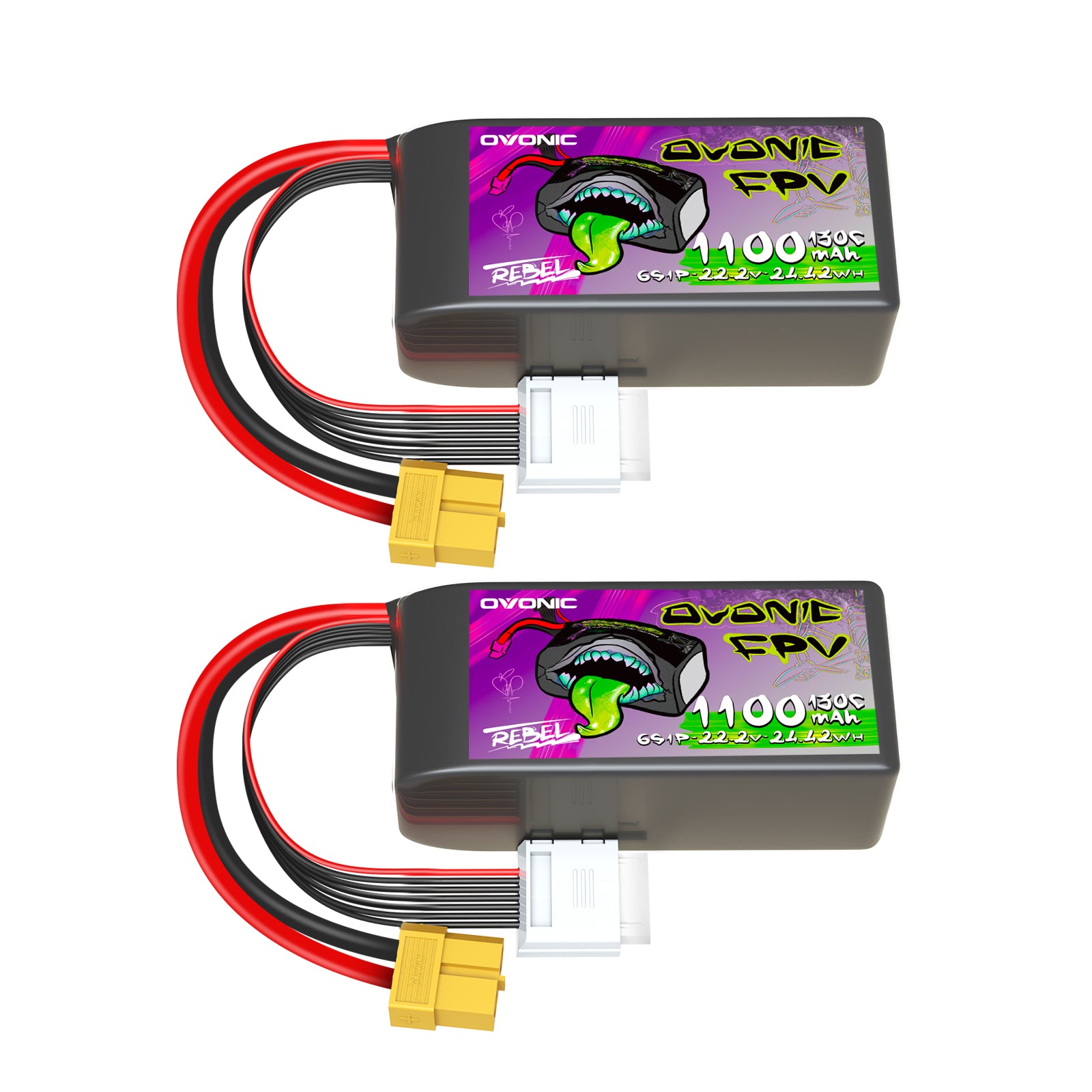 2 × Ovonic Rebel 2.0 130C 6S 1100mAh 22.2V Lipo Battery with XT60 Plug - High Performance FPV Racing Drone Battery for Quadcopters and RC Models