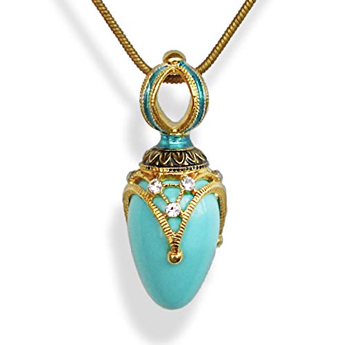 Sterling Silver Turquoise Egg Pendant Necklace with Crystals & Gold Plated Enamel - 24 Inch Chain for Women, Gift for Mom, Birthday, Anniversary, Wedding, Party & Everyday Wear