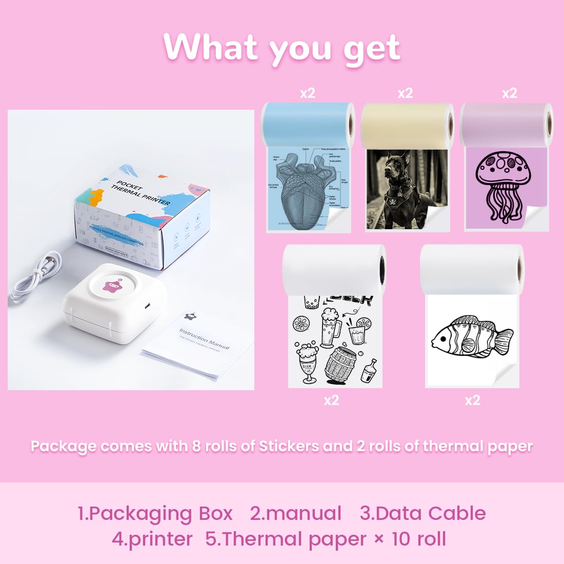 Portable Mini Bluetooth Mobile Printer - Wireless Pocket Photo Printer for iPhone & Android - Compatible with 10 Rolls Paper & Stickers - Perfect for Travel, Office, and Home Use