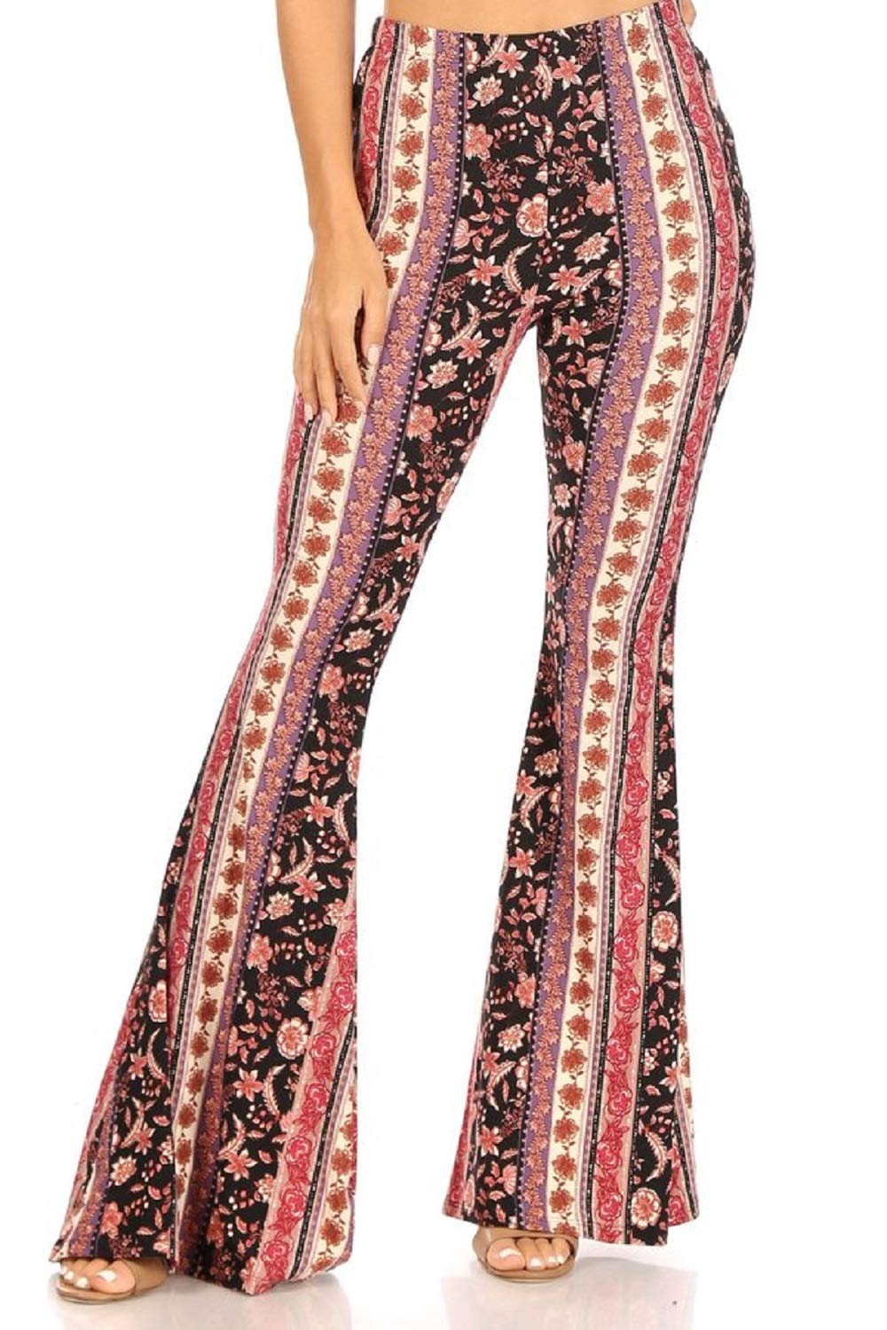 SWEETKIE Women's Boho Flare Pants - Elastic Waist Wide Leg Lounge Pants in Solid & Printed Designs - Stretchy Soft Comfortable Palazzo Pants for Yoga, Travel & Casual Wear