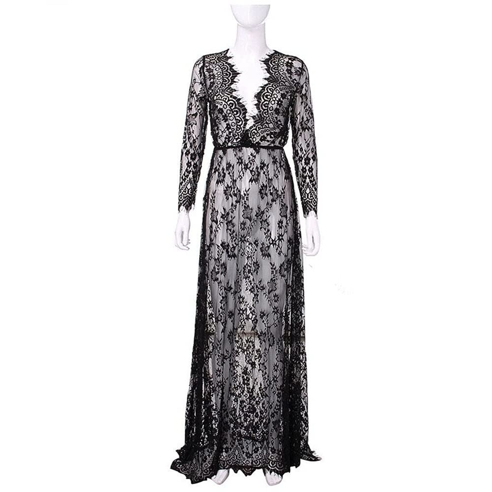 Sexy Lace Nightgown for Women - Sheer See Through Lingerie Sleepwear, Long Sleeve Nightdress in Black (Size L) - Perfect for Valentine's Day, Bridal Shower & Romantic Nights