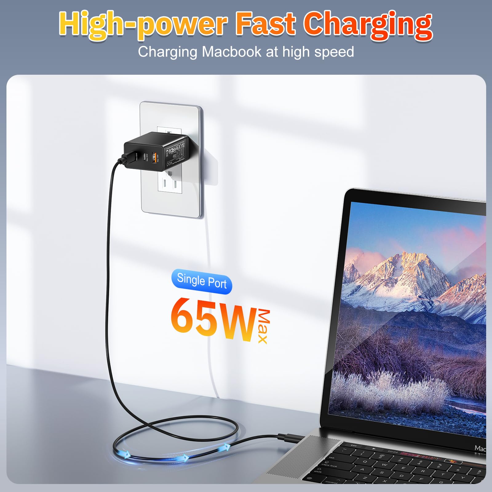 65W GaN Fast Charger with 3 Ports - USB C Wall Charger for iPhone 15/14, iPad, Samsung S23, MacBook Pro/Air - Compact Power Adapter for Home, Office & Travel Charging Multiple Devices Simultaneously