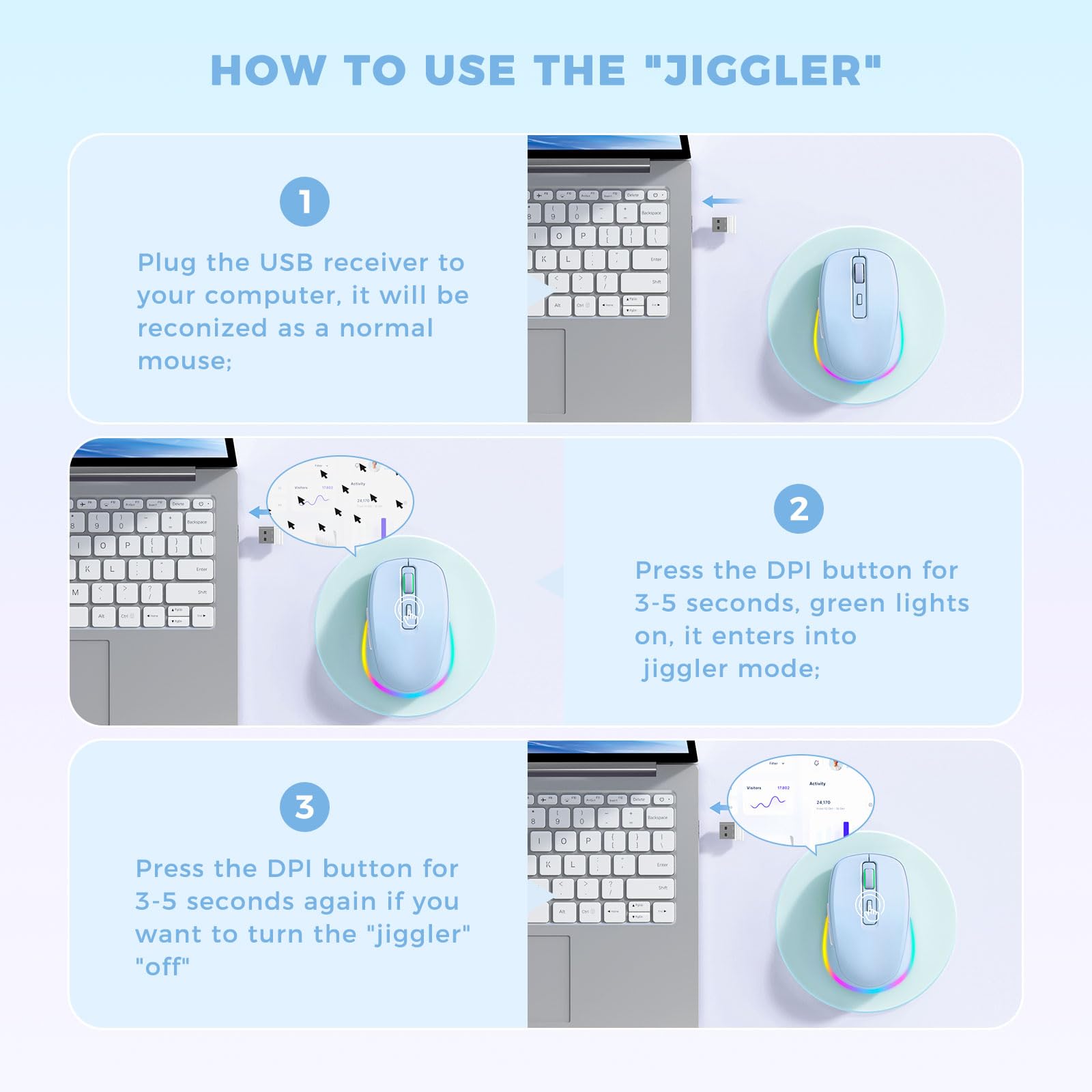 PEIOUS Wireless Mouse Jiggler - Undetectable Random Movement USB Mouse Mover for Laptop, Rechargeable Silent Computer Mouse with LED Light (Light Blue) - Keep PC Awake for Work, Online Meetings & Presentations