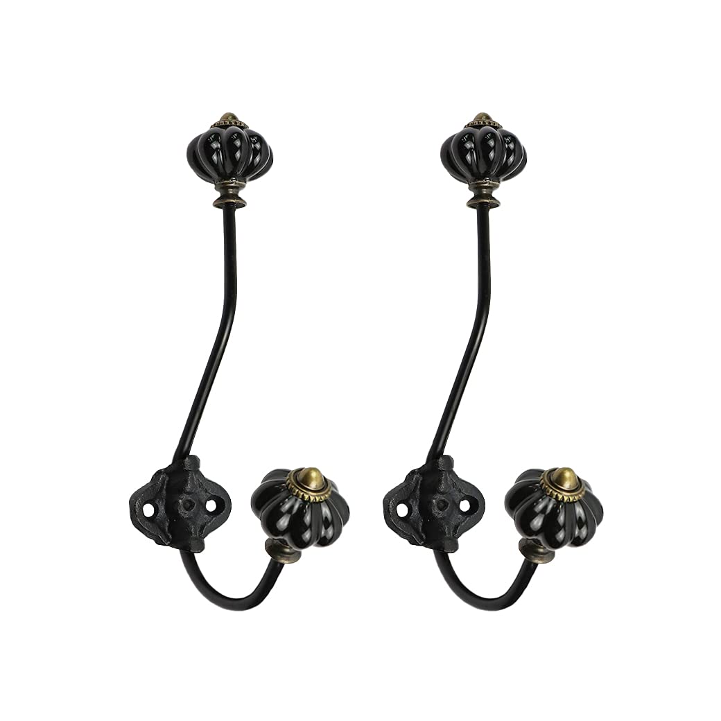 30GO Set of 2 Antique Decorative Wall Hooks - Ceramic & Iron Vintage Pumpkin Coat Hooks with Screws for Home, Bedroom, Entryway, and Bathroom Organization