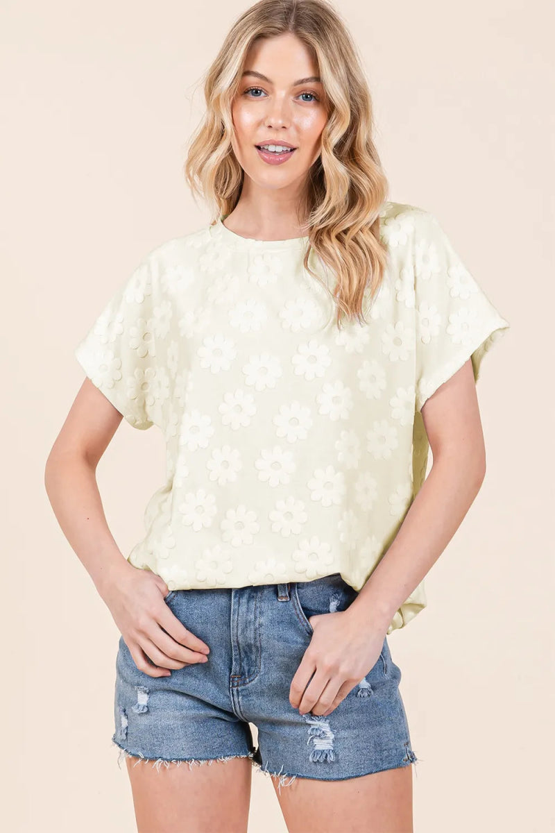 BOMBOM Women's Textured Floral Print Short Sleeve T-Shirt - Casual Summer Top for Outfits, Beach & Daily Wear