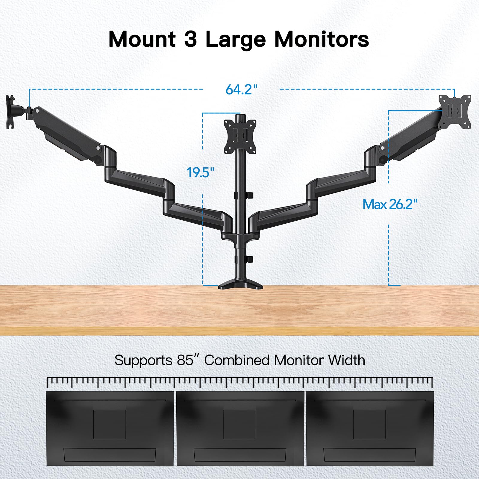 HUANUO Triple Monitor Stand for 17-32 Inch Screens - Adjustable Gas Spring Arm with Swivel, Tilt & Rotation - Heavy Duty Clamp & Grommet Mounting Kit (Black) - Perfect for Gaming, Office & Home Workstations