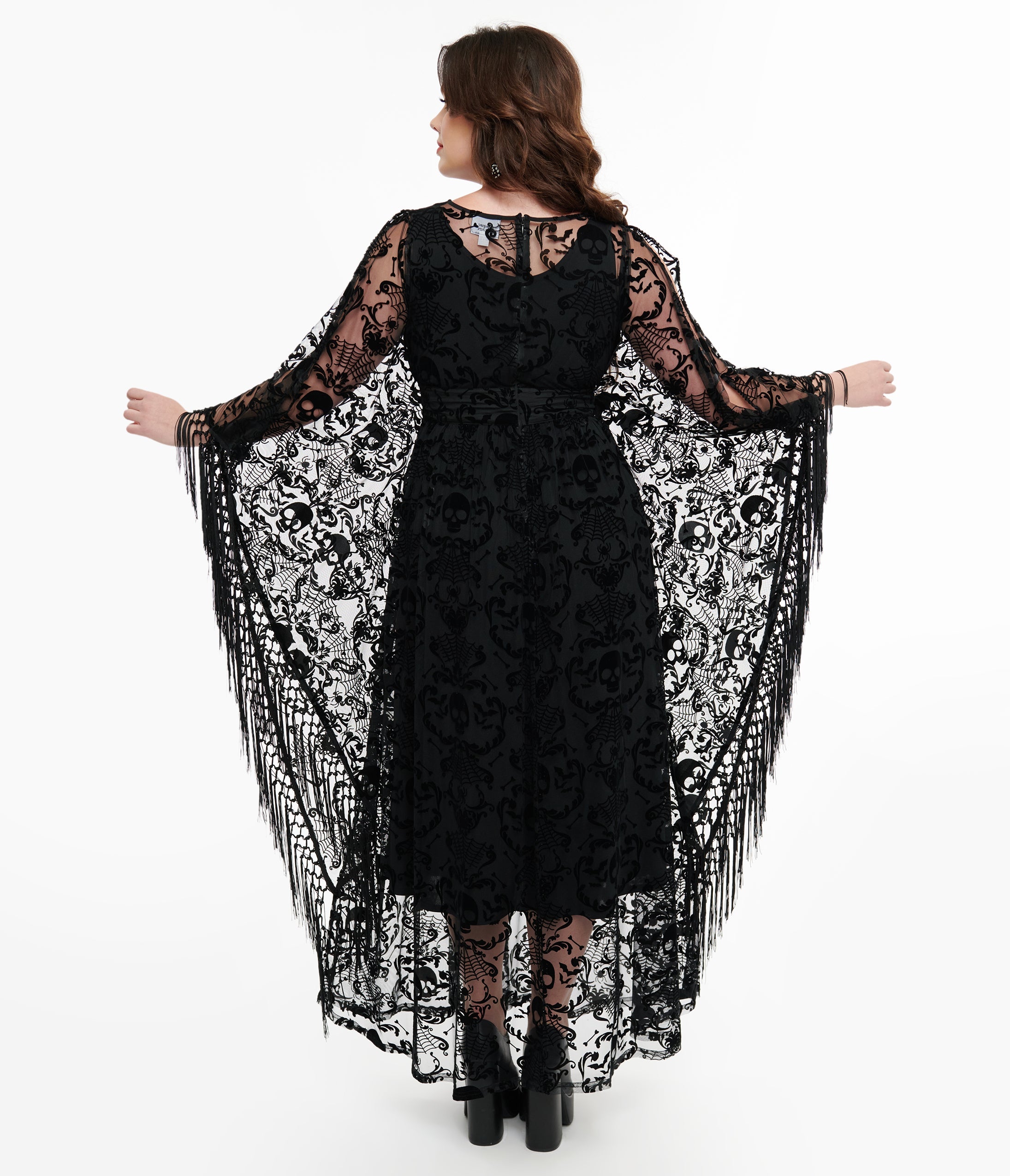 Vintage 1960s Black Baroque Skull Burnout Fringe Flutter Sleeve Caftan Dress - Gothic Boho Maxi Dress for Halloween, Costume Party & Retro Fashion Lovers