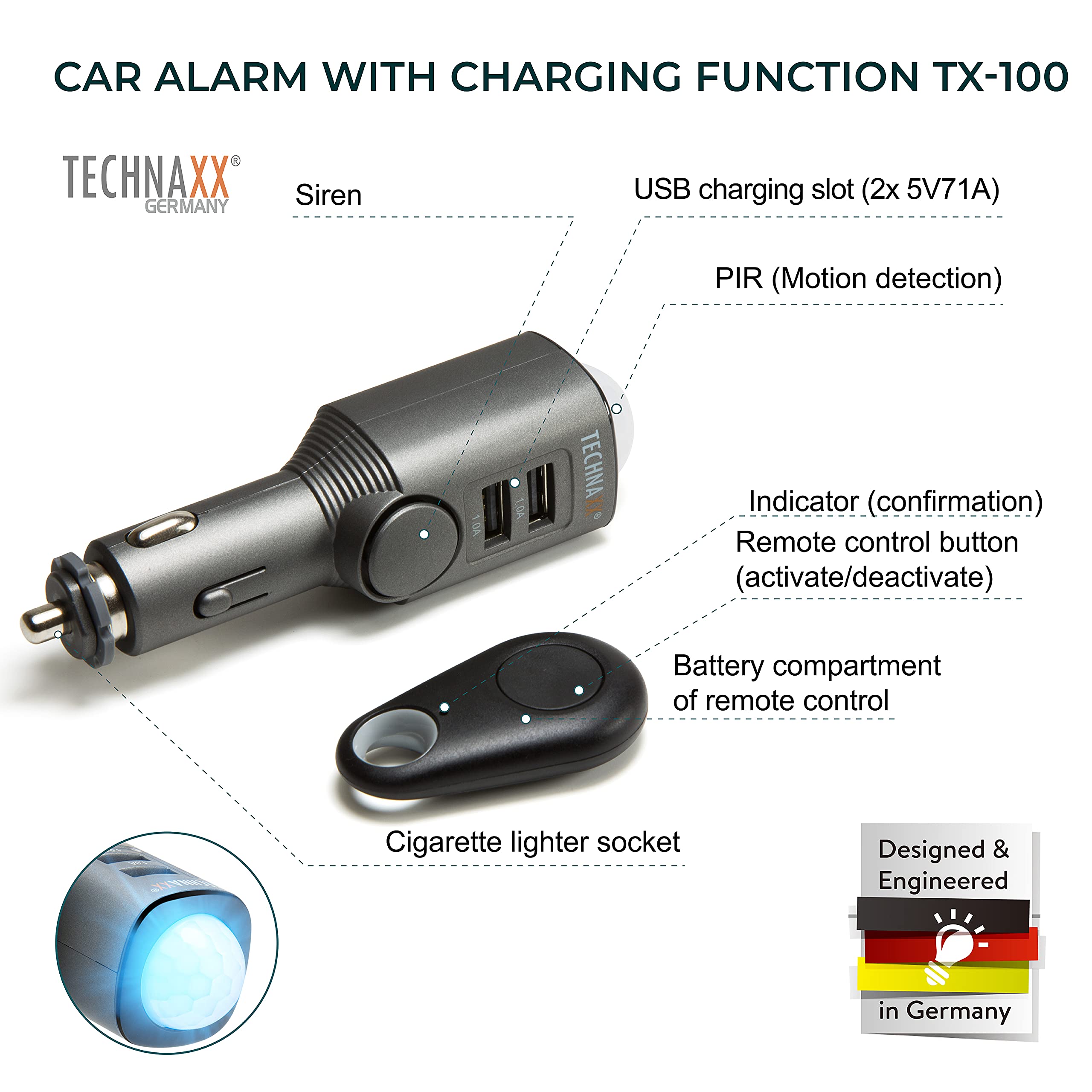 TX-100 Smart Car Alarm System with PIR Motion Sensor & Siren - Wireless Vehicle Security with Charging Function for Cars, RVs, Boats | Anti-Theft Protection & Remote Monitoring for Parking Safety