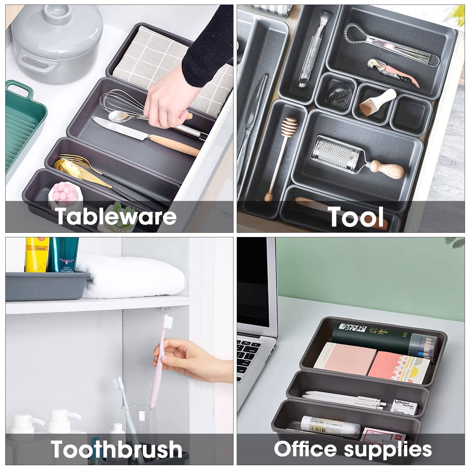 Theshai 8-Piece Small Drawer Organizer Set - 3-Size Interlocking Tray Dividers for Bathroom, Makeup, Kitchen, Office & Craft Supplies (Black) | Space-Saving Storage Solution for Vanity, Desk & Closet Organization