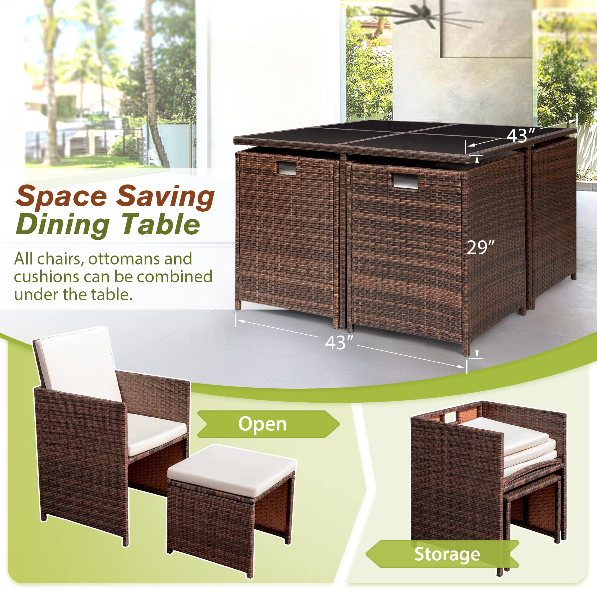 Devoko 9-Piece Outdoor Patio Dining Set - Space-Saving Rattan Chairs with Tempered Glass Table, Cushioned Seating & Backrest - Beige Sectional Conversation Set for Garden, Poolside & Backyard Relaxation