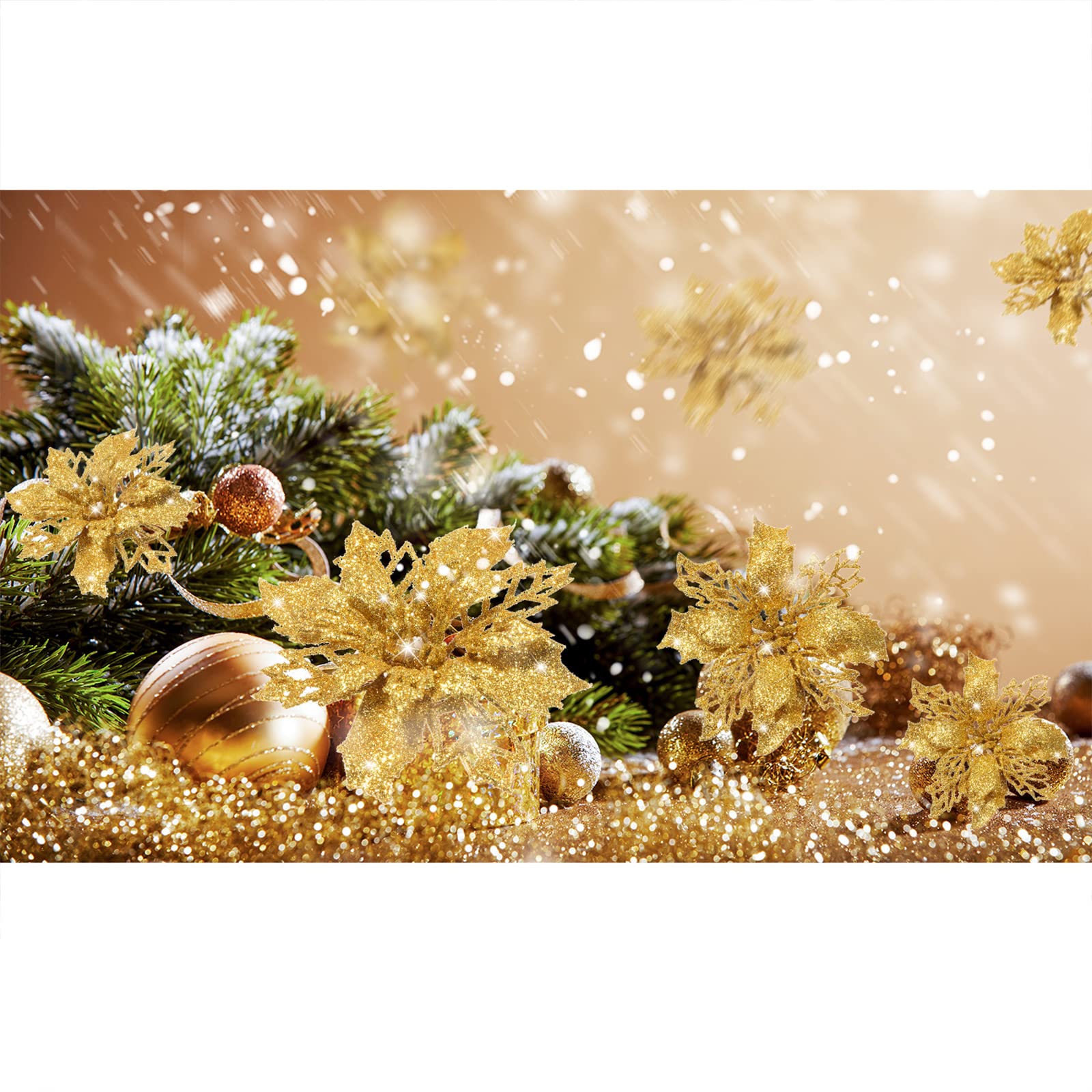 24-Piece Gold Glitter Artificial Poinsettia Flowers - Christmas Tree Decorations, Wedding Centerpieces, Holiday Party & New Year Ornaments for Festive Home Decor