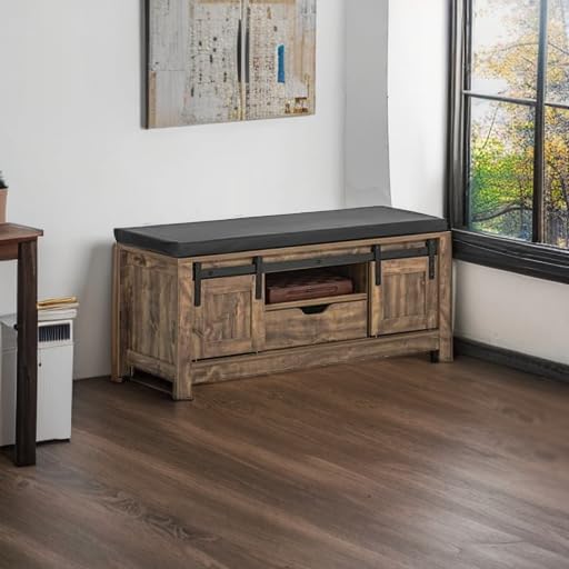 Haotian Industrial Style Shoe Storage Bench with Sliding Barn Doors - Entryway Hallway Shoe Cabinet with Drawer & Padded Seat Cushion - Rustic Window Bench for Mudroom, Living Room or Bedroom - Brown (FSR118-N)