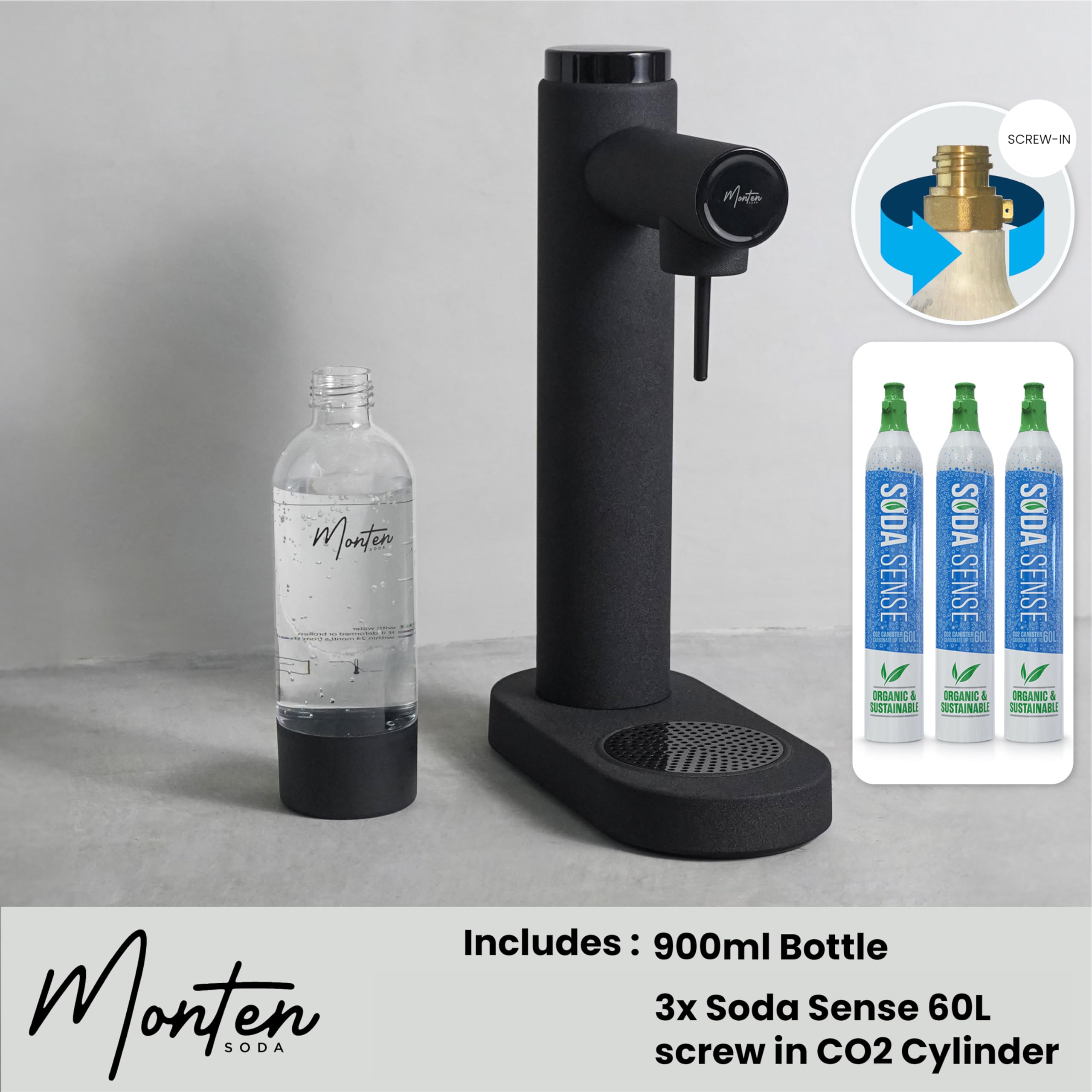 Premium Matte Black Sparkling Water Maker with 3 x 60L CO2 Cylinders & 900ML Reusable PET Bottle - Eco-Friendly Stainless Steel Soda Machine for Home, Office, or Parties - Create Healthy Carbonated Drinks Easily