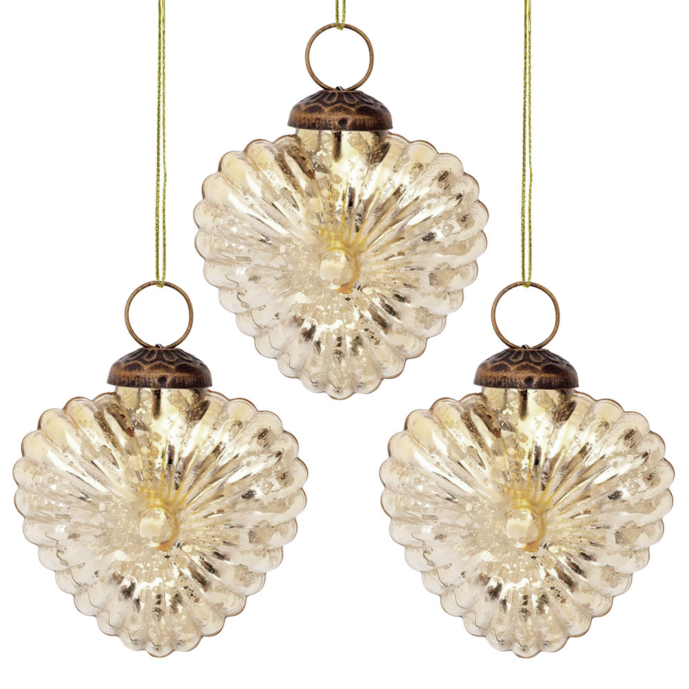 3 Pack Small Glass Ornaments - 3 Inch Gold Viola Heart Design Christmas Tree Decorations for Holiday Home Party Decor