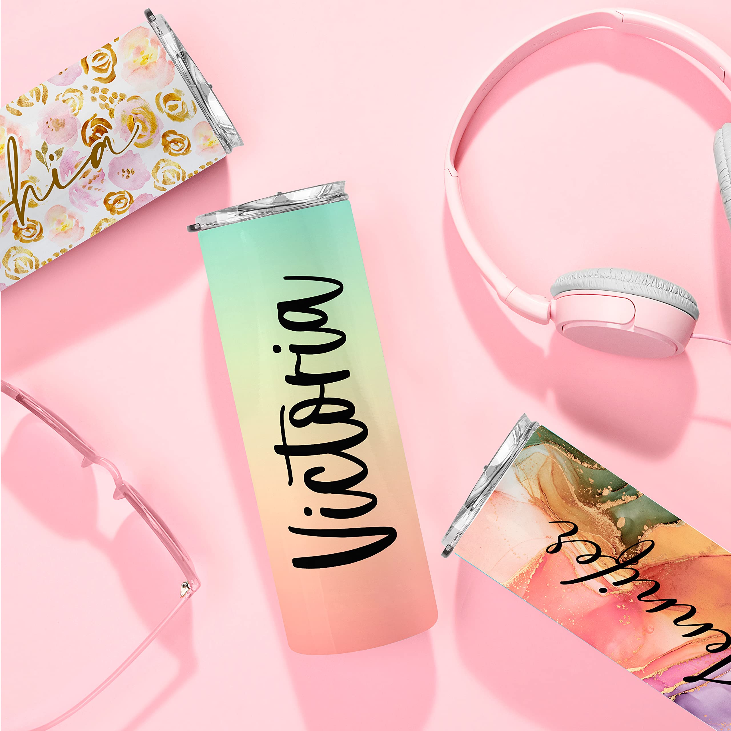 Custom Skinny Tumbler 20 Oz with Lid & Straw - Personalized Text, 21 Colors, 10 Fonts - Ideal Gift for Mom, Bridesmaids, Best Friends - Perfect for Birthdays, Proposals, Office Use & Outdoor Adventures
