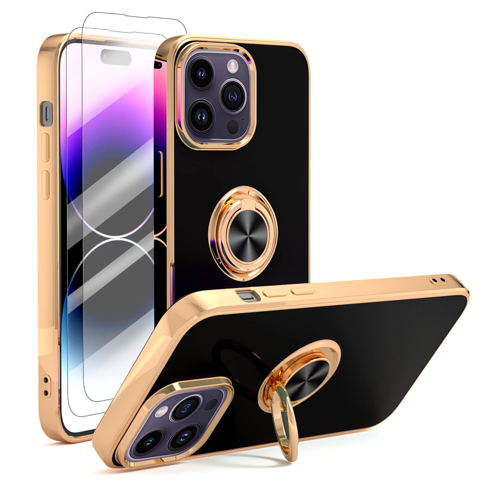 Jasmeas iPhone 14 Pro Max Case with 2 Pack Screen Protector & Rose Gold Ring Holder - 360° Kickstand, Slim Flexible TPU Protective Phone Cover for Women (Black) | Perfect for Work, Travel & Everyday Use