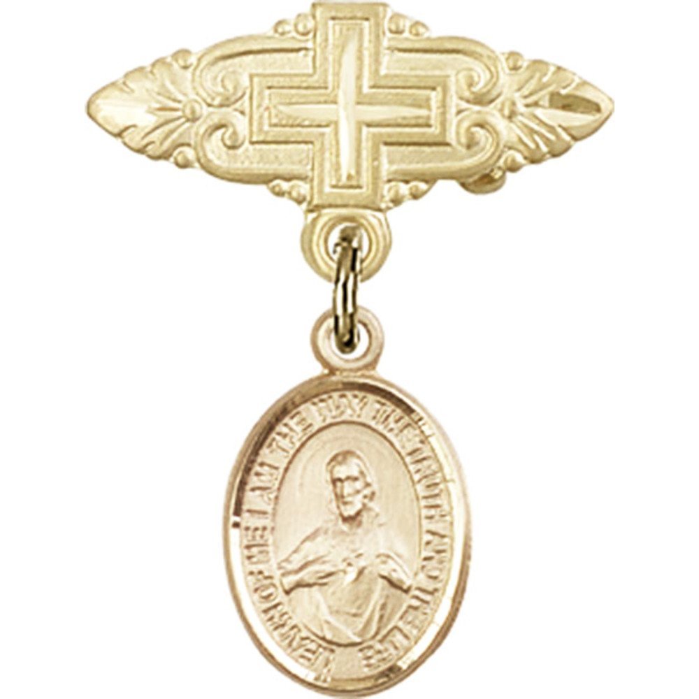 Bonyak Gold Filled Saint Medal Jewelry - Religious Cross Badge Pin with Scapular Charm (1 X 3/4 inches) - Perfect for Baptism Gifts, First Communion, and Catholic Devotional Wear