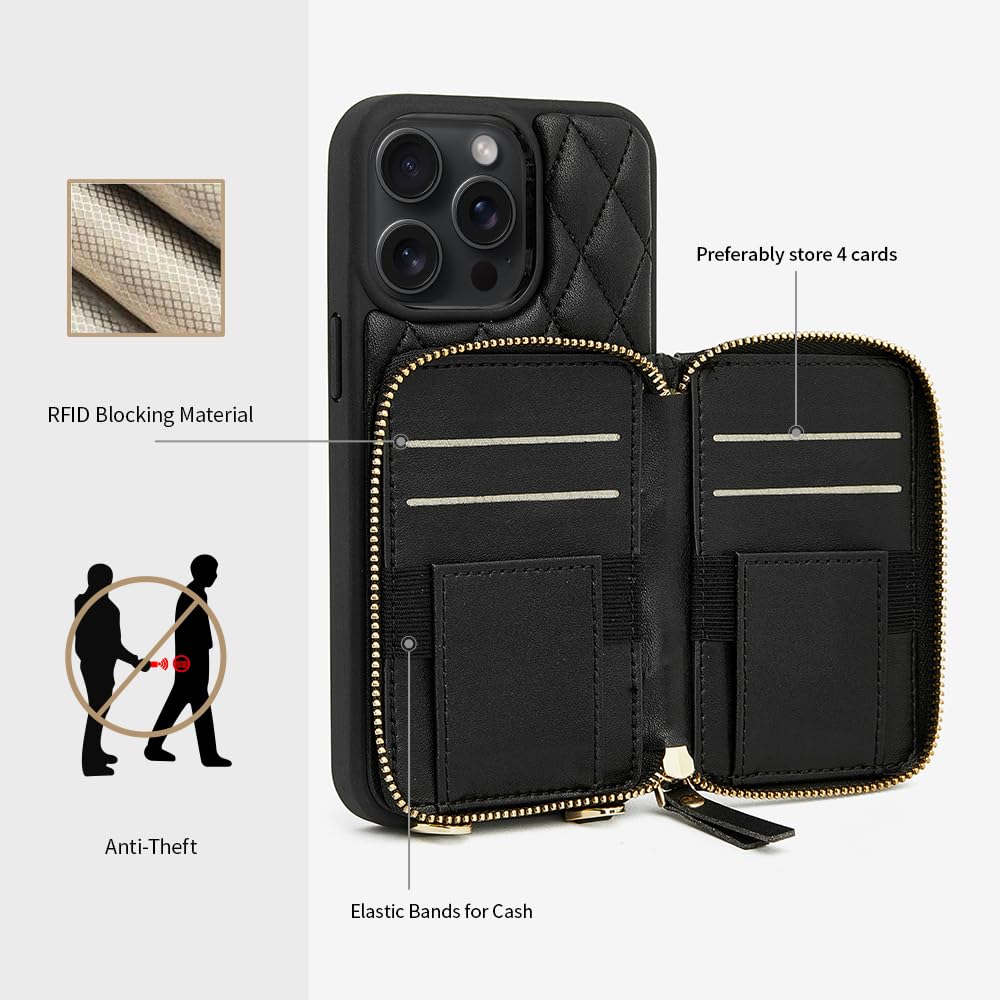 LAMEEKU iPhone 13 Pro Max Wallet Case with Card Holder & Crossbody Chain - 6.7 Inch Quilted Leather Phone Purse for Women (Black) - Perfect for Shopping, Travel and Everyday Use