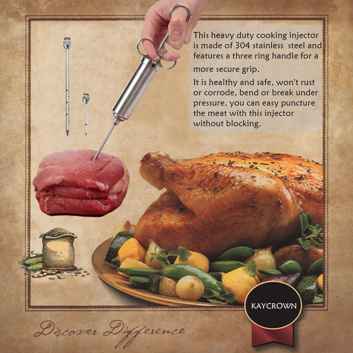 KayCrown 304 Stainless Steel Marinade Injector Kit - 2oz BBQ Meat Seasoning Syringe with 3 Needles & Brush for Grilling & Cooking