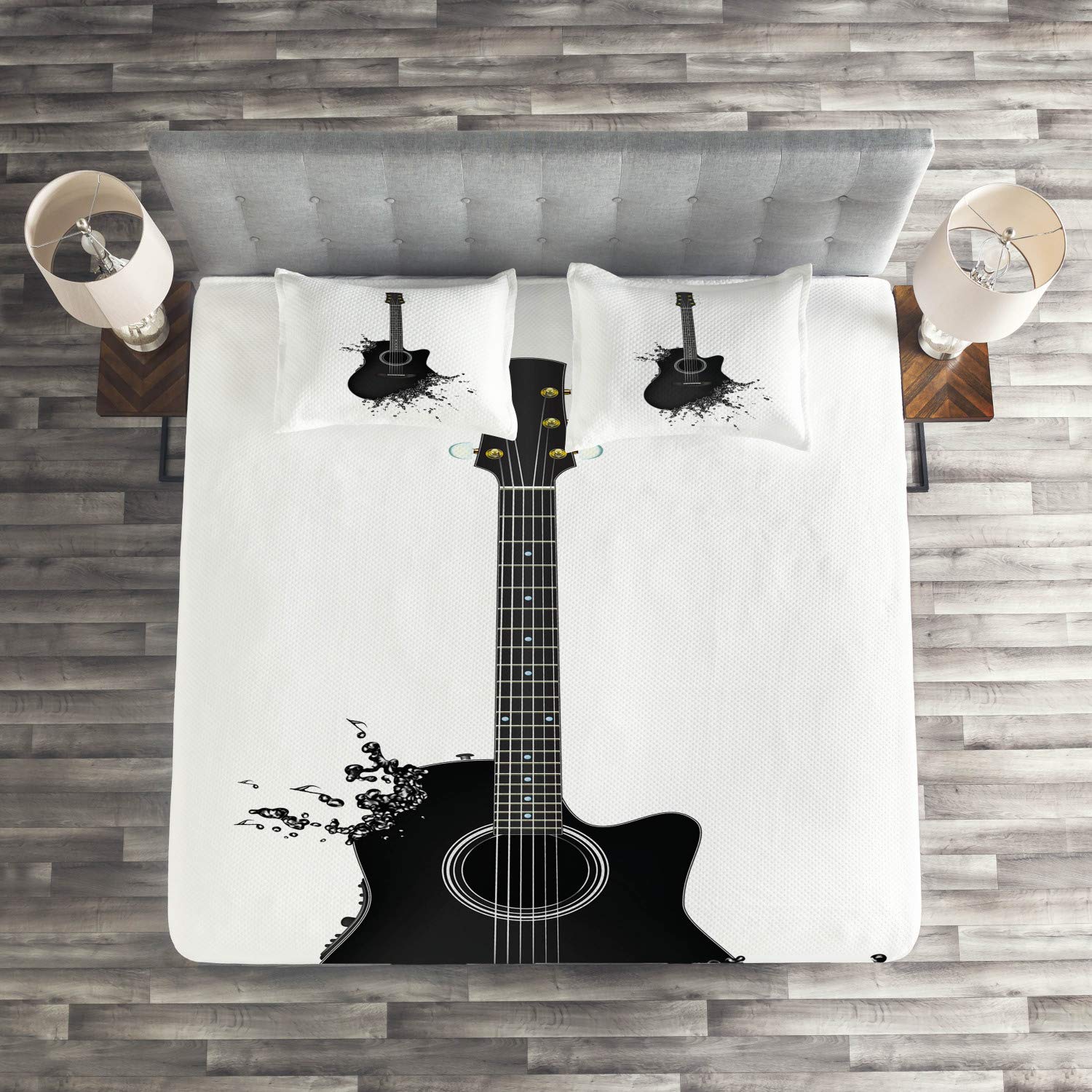 Ambesonne Guitar Quilt Set - 3 Piece Queen Size Bedspread with 2 Pillow Shams, Black & White Monochrome Acoustic Instrument Design - Perfect for Music Lovers' Bedroom Decor & Gift for Musicians