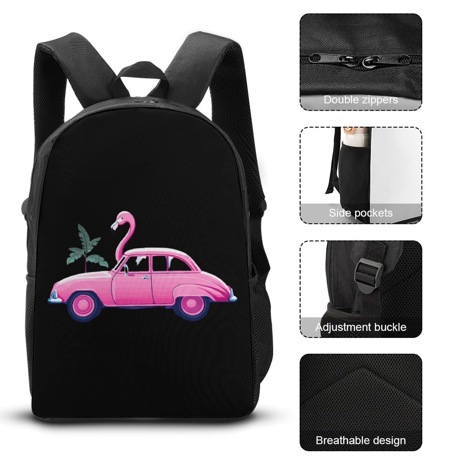 Flamingo Car 3-Piece Backpack Set - 17 Inch Laptop Backpack, Travel Daypack with Lunch Box & Pencil Case for School, Work & Outdoor Adventures