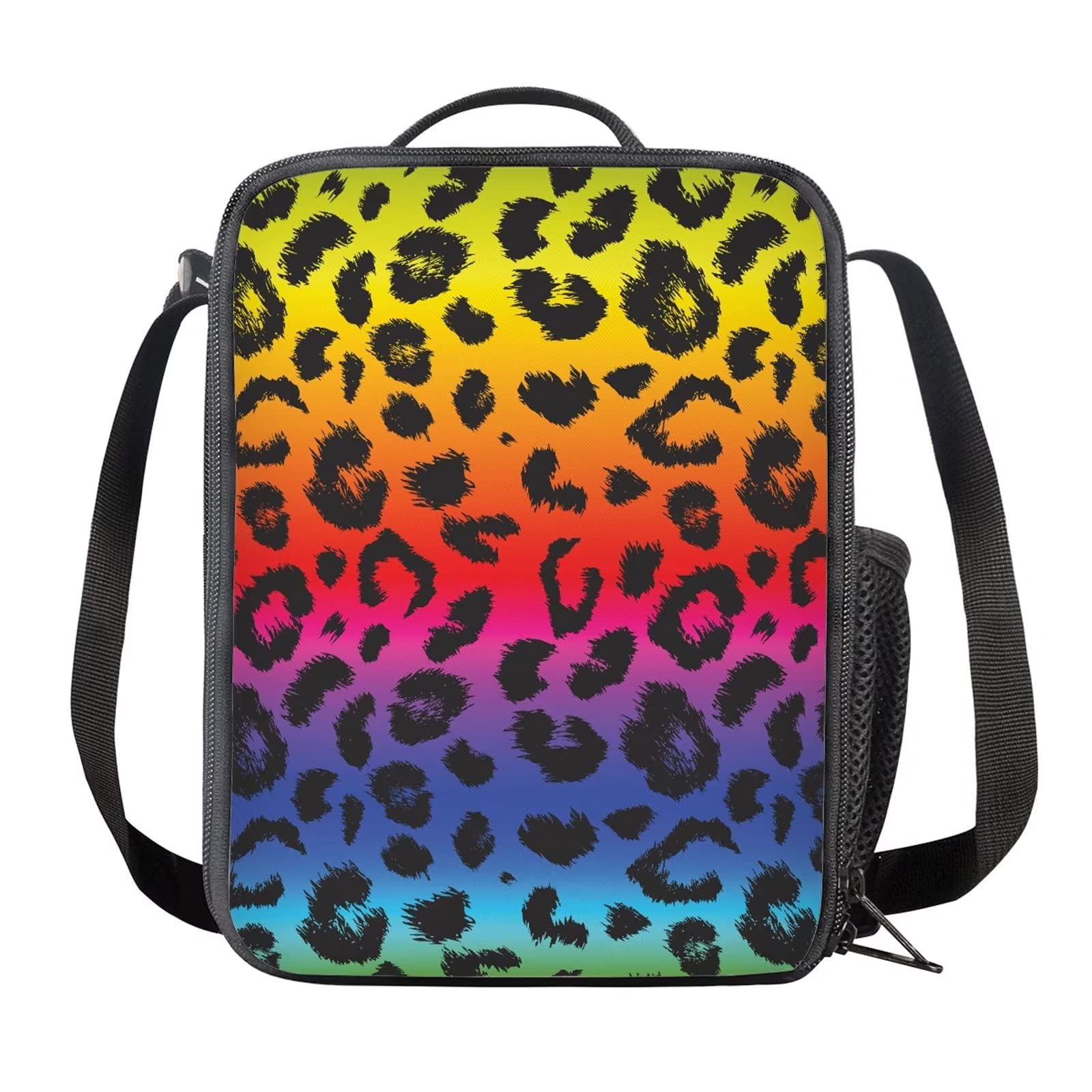 Suobstales Insulated Lunch Bag for Adults & Kids - Reusable Leopard Print Lunch Box, Food Pouch & Cooler Tote for School, Work, Picnic & Outdoor Activities - Rainbow Leopard Design