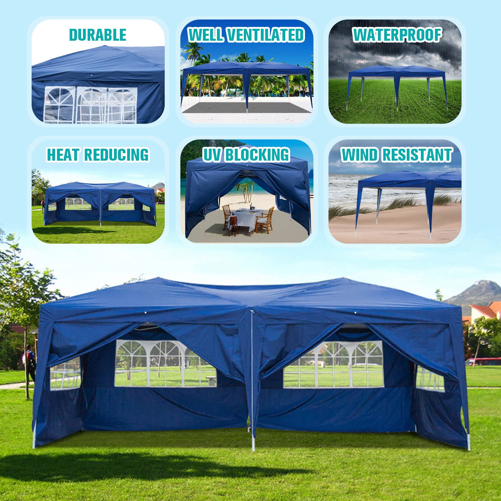 BELANITAS 10x20 FT Pop Up Canopy Tent with 6 Removable Walls & 4 Windows - Adjustable Height Folding Shelter for Outdoor Events, Parties, Markets & Camping - Waterproof & UV Protection Blue Instant Canopy - Perfect for Backyard BBQs, Flea Markets & Beach Gatherings