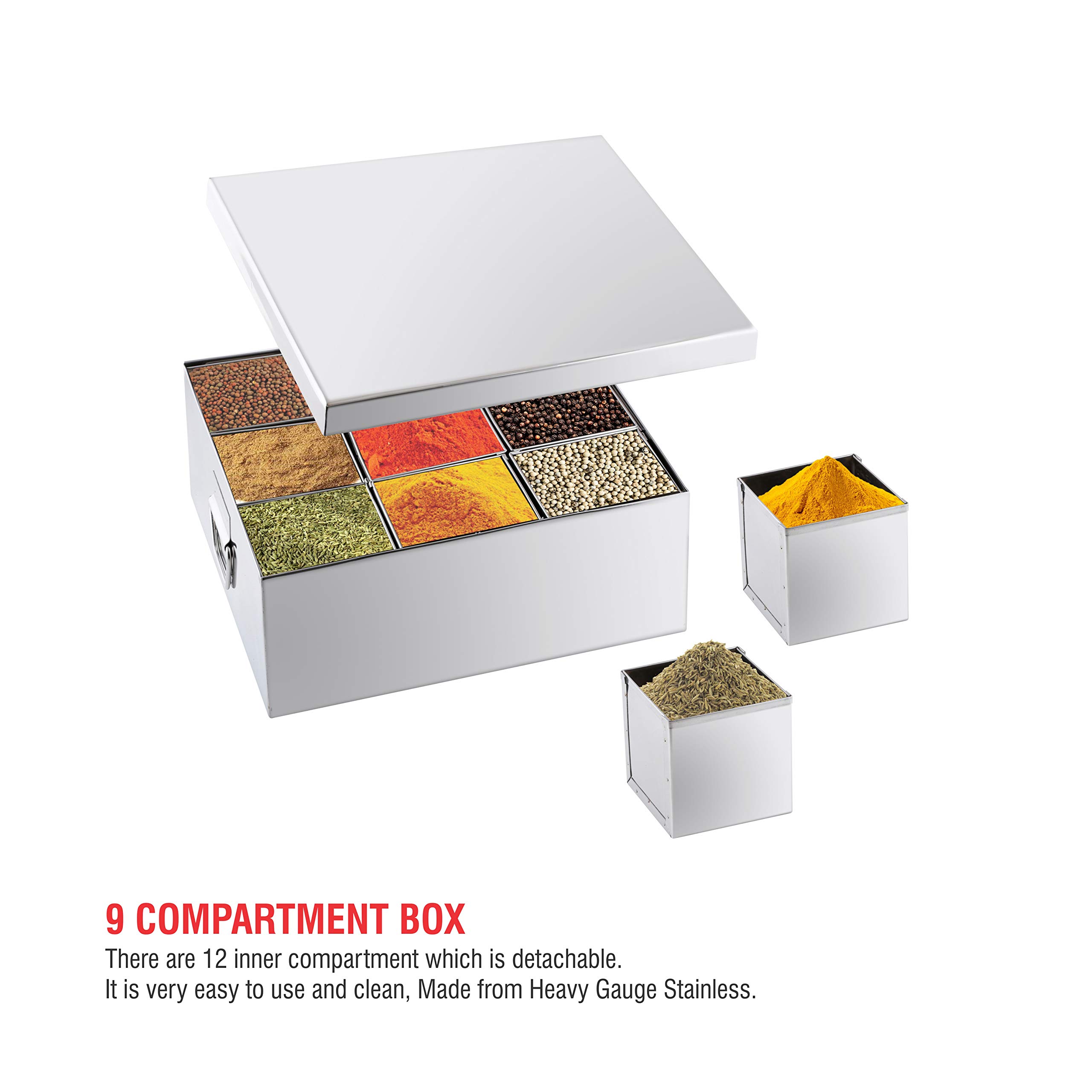 Premium Stainless Steel Masala Dabba - 9 Compartment Spice Box (96 oz, 19x19x6.5 Inches) for Indian Cooking | Airtight Containers for Fresh Spices | Perfect for Kitchens, Restaurants & Gifting