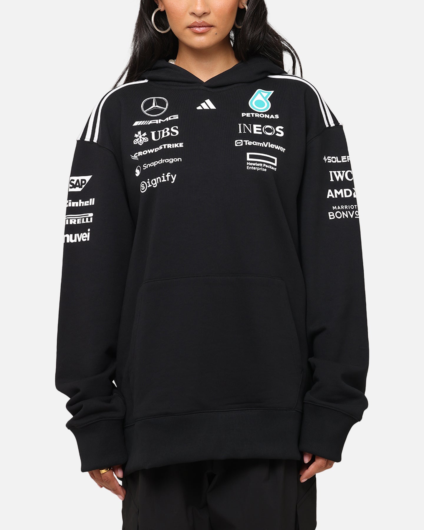 Adidas x Mercedes AMG Petronas Formula One F1 2025 Team Hoodie - Black & White - Men's Sports Pullover for Racing Fans & Casual Wear