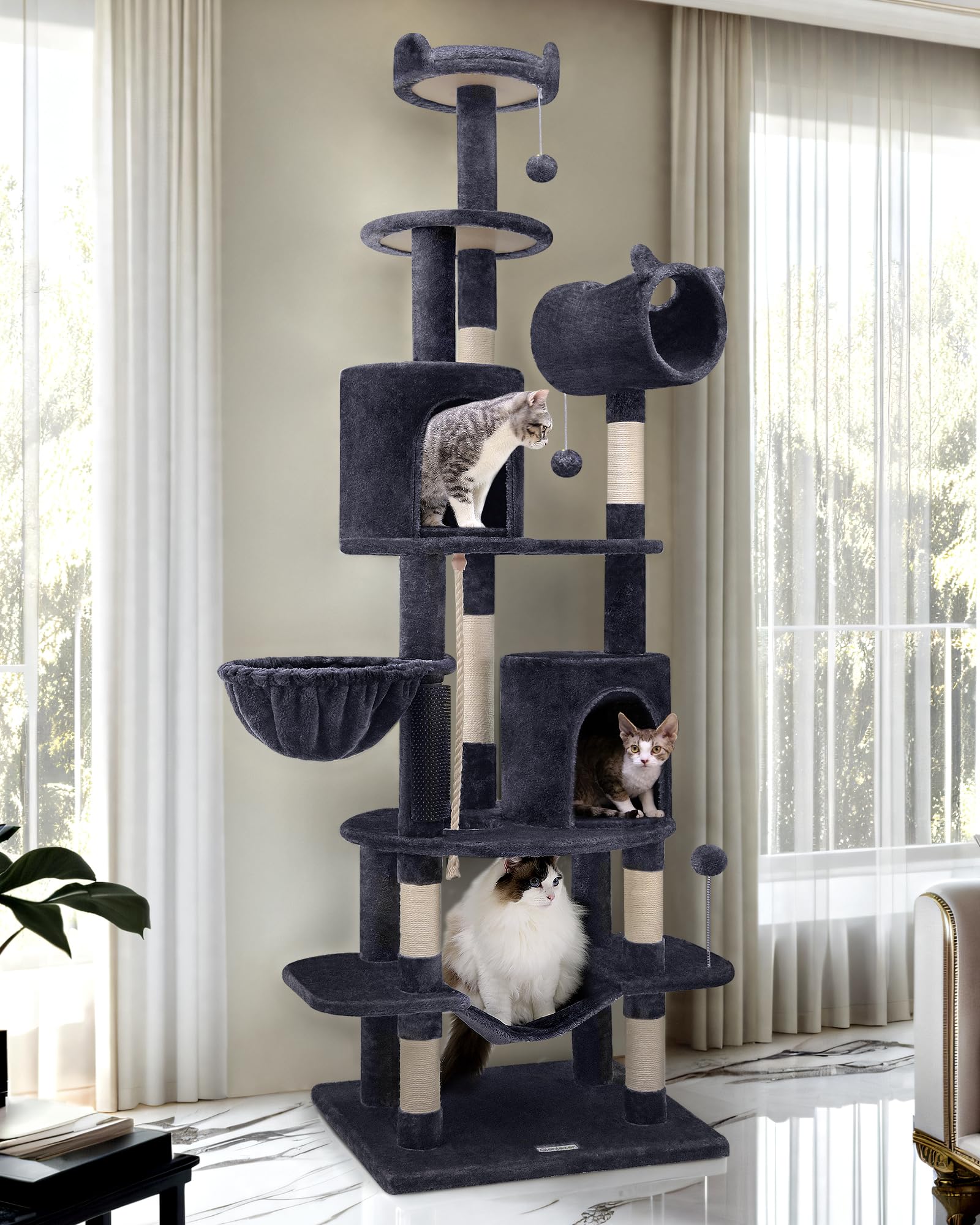81-Inch Artistic Curved Cat Tower for Small Cats (Under 12 lbs) - Space-Saving Slim Design Cat Tree with Hammock & Tunnel - Dark Gray Indoor Cat Condo for Apartments & Small Spaces - Perfect for Play, Rest & Climbing