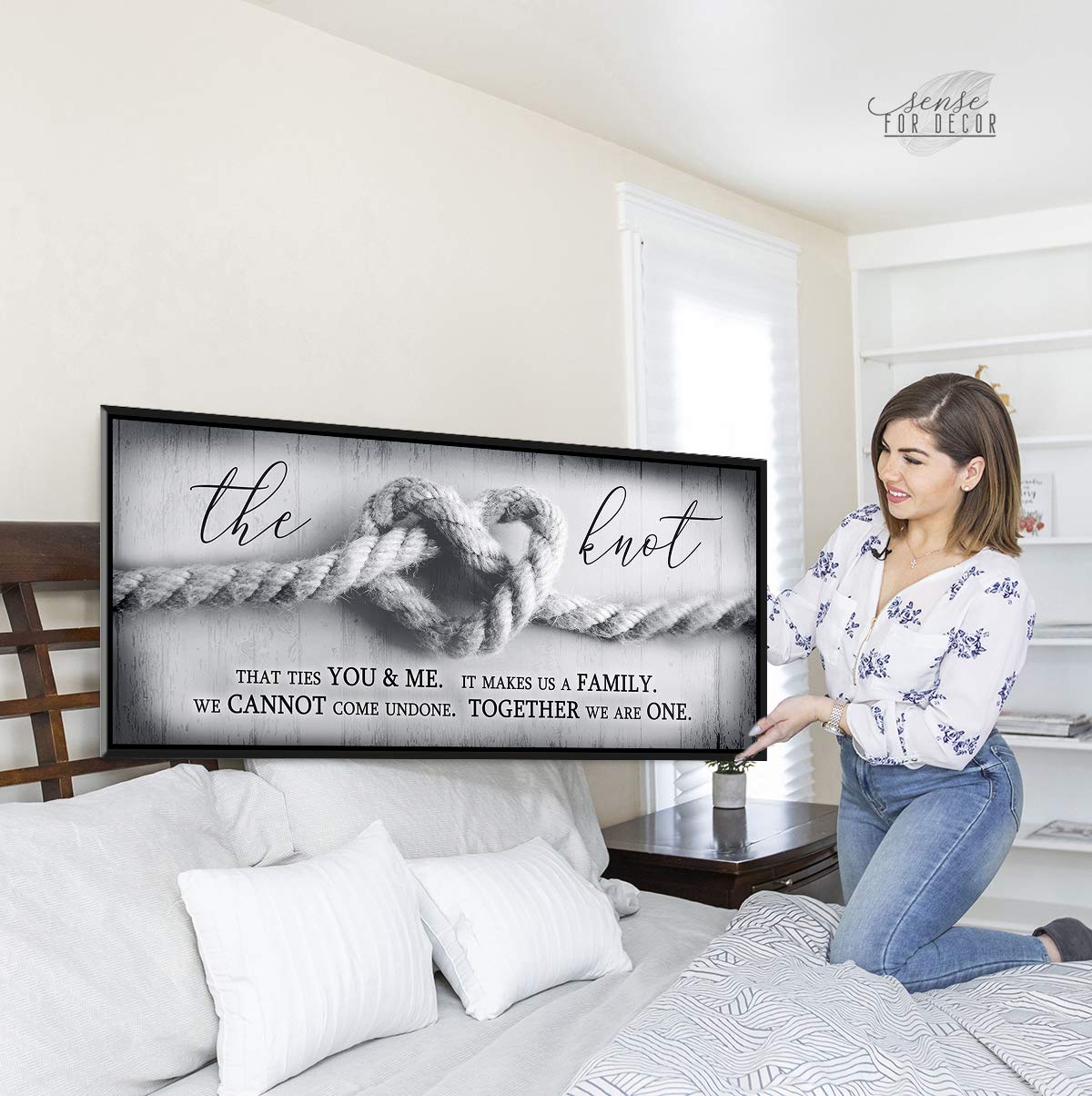 Romantic The Knot Wall Art - Grey & Black Floating Frame 42x19 - Large Framed Love Sign for Bedroom Decor, Couples Gift, Over the Bed Wall Décor - Perfect for Master Bedroom, Wedding Anniversary & Valentine's Day Gifts